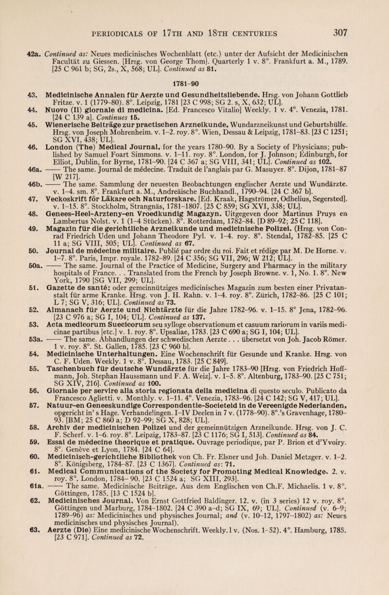 42a. Continued as: Neues medicinisches Wochenblatt (etc.) unter der Aufsicht der Medicinischen Facultat zu Giessen. [Hrsg. von George Thom]. Quarterly 1 v. 8°. Frankfurt a. M., 1789. [25 C 961 b; SG, 2s., X, 568; UL]. Continued as 81. 1781-90 43. Medieinisehe Annalen fur Aerzte und Gesundheitsliebende. Hrsg. von Johann Gottlieb Fritze. v. 1 (1779-80). 8°. Leipzig, 1781 [23 C 998; SG 2. s, X, 632; UL]. 44. Nuovo (II) giornale di medieina. [Ed. Francesco Vitalio] Weekly. 1 v. 4°. Venezia, 1781. [24 C 139 a]. Continues 15. 45. Wienerische Beitrage zur practisehen Arzneikunde, Wundarzneikunst und Geburtshiilfe. Hrsg. von Joseph Mohrenheim. v. 1-2. roy. 8°. Wien, Dessau & Leipzig, 1781-83. [23 C 1251; SG XVI, 438; UL]. 46. London (The) Medical Journal, for the years 1780-90. By a Society of Physicians; pub¬ lished by Samuel Foart Simmons, v. 1-11. roy. 8°. London, for J. Johnson; Edinburgh, for Elliot, Dublin, for Byrne, 1781-90. [24 C 367 a; SG VIII, 341; UL]. Continued as 102. 46a. -The same. Journal de medecine. Traduit de l’anglais par G. Masuyer. 8°. Dijon, 1781-87 [W 217]. 46b. -The same. Sammlung der neuesten Beobachtungen englischer Aerzte und Wundarzte. v. 1-4. sm. 8°. Frankfurt a. M., Andreaische Buchhandl., 1790-94. [24 C 367 b]. 47. Veckoskrift for Lakare och Naturforskare. [Ed. Kraak, Hagstromer, Odhelius, Segersted]. v. 1-15. 8°. Stockholm, Strangnas, 1781-1807. [25 C 859; SG XVI, 338; UL]. 48. Genees-Heel-Arzteny-en Vroedkundig Magazyn. Uitgegeven door Martinus Pruys en Lambertus Nolst. v. 1 (1-4 Stricken). 8°. Rotterdam, 1782-84. [D 89-92; 25 C 118]. 49. Magazin fur die gerichtliche Arzneikunde und medieinisehe Polizei. (Hrsg. von Con¬ rad Friedrich Uden und Johann Theodore Pyl. v. 1-4. roy. 8°. Stendal, 1782-85. [25 C 11 a; SG VIII, 505; UL]. Continued as 67. 50. Journal de medecine militaire. Publie par ordre du roi. Fait et redige par M. De Horne, v. 1-7. 8°. Paris, Impr. royale. 1782-89. [24 C 356; SG VII, 296; W 212; UL]. 50a. -The same. Journal of the Practice of Medicine, Surgery and Pharmacy in the military hospitals of France. . . Translated from the French by Joseph Browne, v. 1, No. 1. 8°. New York, 1790 [SG VII, 299; UL]. 51. Gazette de sante; oder gemeinniitziges medicinisches Magazin zum besten einer Privatan- stalt fur arme Kranke. Hrsg. von J. H. Rahn. v. 1-4. roy. 8°. Zurich, 1782-86. [25 C 101; L 7; SG V, 316; UL], Continued as 73. 52. Almanaeh fur Aerzte und Niehtarzte fur die Jahre 1782-96. v. 1-15. 8° Jena, 1782-96. [23 C 976 a; SG I, 104; UL]. Continued as 137. 53. Acta medieorum Sueeieorum seu sylloge observationum et casuum rariorum in variis medi- cinae partibus [etc.] v. 1. roy. 8°. Upsaliae, 1783. [23 C 690 a; SG I, 104; UL]. 53a. -The same. Abhandlungen der schwedischen Aerzte . . . iibersetzt von Joh. Jacob Romer. 1 v. roy. 8°. St. Gallen, 1785. [23 C 960 bl. 54. Medieinisehe Unterhaltungen. Eine Wochenschrift fur Gesunde und Kranke. Hrsg. von C. F. Uden. Weekly. 1 v. 8°. Dessau, 1783. [25 C 849]. 55. Tasehenbueh fur deutsehe Wundarzte fur die Jahre 1783-90 [Hrsg. von Friedrich Hoff¬ mann, Joh. Stephan Haussmann und F. A. Weiz]. v. 1-5. 8°. Altenburg, 1783-90. [25 C 751; SG XIV, 216]. Continued as 100. 56. Giornale per servire alia storia regionata della medieina di questo seculo. Publicato da Francesco Aglietti. v. Monthly, v. 1-11. 4°. Venezia, 1783-96. [24 C 142; SG V, 417; UL]. 57. Natuur-en Geneeskundige Correspondentie-Societeid in de Vereenigde Nederlanden, opgericht in’s Hage. Verhande!ingen. I-IV Deelen in 7 v. (1778-90). 8°.’s Gravenhage, 1780— 93. [BM; 25 C 860 a; D 92-99; SG X, 828; UL]. 58. Arehiv der medicinischen Polizei und der gemeinniitzigen Arzneikunde. Hrsg. von J. C. F. Scherf. v. 1-6. roy. 8°. Leipzig, 1783-87. [23 C 1176; SG I, 513]. Continued as 84. 59. Essai de medecine theorique et pratique. Ouvrage periodique, par P. Brion et d’Yvoiry. 8°. Geneve et Lyon, 1784. [24 C 64]. 60. Mediciniseh-geriehtliehe Bibliothek von Ch. Fr. Eisner und Joh. Daniel Metzger, v. 1-2. 8°. Konigsberg, 1784-87. [23 C 1367]. Continued as: 71. 61. Medical Communications of the Society for Promoting Medieal Knowledge. 2. v. roy. 8°. London, 1784- 90. [23 C 1524 a; SG XIII, 293]. 61a. - The same. Medieinisehe Beitrage. Aus dem Englischen von Ch.F. Michaelis. 1 v. 8°. Gottingen, 1785. [13 C 1524 b]. 62. Medicinisches Journal. Von Ernst Gottfried Baldinger. 12. v. (in 3 series) 12 v. roy. 8°. Gottingen und Marburg, 1784-1802. [24 C 390 a-d; SG IX, 69; UL], Continued (v. 6-9; 1789-96) as: Medicinisches und physisches Journal; and (v. 10-12, 1797-1802) as: Neues medicinisches und physisches Journal). 63. Aerzte (Die) Eine medieinisehe Wochenschrift. Weekly. 1 v. (Nos. 1-52). 4°. Hamburg, 1785. [23 C 971]. Continued as 72.