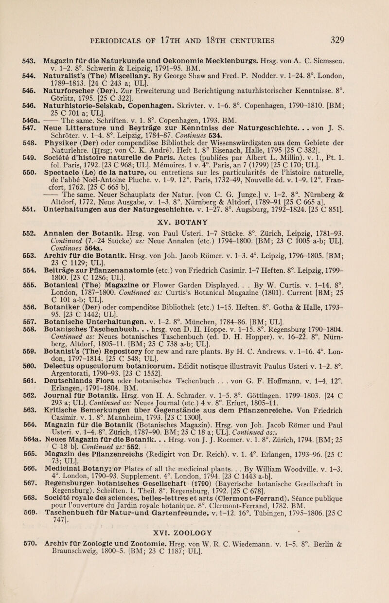 543. Magazin fur die Naturkunde und Oekonomie Meeklenburgs. Hrsg. von A. C. Siemssen. v. 1-2. 8°. Schwerin & Leipzig, 1791-95. BM. 544. Naturalist’s (The) Miscellany. By George Shaw and Fred. P. Nodder. v. 1-24. 8°. London, 1789-1813. [24 C 243 a; UL]. 545. Naturforseher (Der). Zur Erweiterung und Berichtigung naturhistorischer Kenntnisse. 8°. Gorlitz, 1795. [25 C 322]. 546. Naturhistorie-Selskab, Copenhagen. Skrivter. v. 1-6. 8°. Copenhagen, 1790-1810. [BM; 25 C 701 a; UL]. 546a. -The same. Schriften. v. 1. 8°. Copenhagen, 1793. BM. 547. Neue Litterature und Beytrage zur Kenntniss der Naturgeschichte. . . von J. S. Schroter. v. 1-4. 8°. Leipzig, 1784—87. Continues 534. 548. Physiker (Der) oder compendiose Bibliothek der Wissenswiirdigsten aus dem Gebiete der Naturlehre. (Hrsg; von C. K. Andre). Heft 1. 8° Eisenach, Halle, 1795 [25 C 382]. 549. Societe d’histoire naturelle de Paris. Actes (publiees par Albert L. Millin). v. 1., Pt. 1. fol. Paris, 1792. [23 C 968; UL]. M6moires. 1 v. 4°. Paris, an 7 (1.799) [25 C 170; UL]. 550. Spectacle (Le) de la nature, ou entretiens sur les particularites de l’histoire naturelle, de l’abbe Noel-Antoine Pluche. v. 1-9. 12°. Paris, 1732-49, Nouvelle ed. v. 1-9. 12°. Fran- cfort, 1762. [25 C 665 b]. - The same. Neuer Schauplatz der Natur. [von C. G. Junge.] v. 1-2. 8°. Niirnberg & Altdorf, 1772. Neue Ausgabe, v. 1-3. 8°. Niirnberg & Altdorf, 1789-91 [25 C 665 a], 551. Unterhaltungen aus der Naturgeschichte. v. 1-27. 8°. Augsburg, 1792-1824. [25 C 851]. XV. BOTANY 552. Annalen der Botanik. Hrsg. von Paul Usteri. 1-7 Stiicke. 8°. Zurich, Leipzig, 1781-93. Continued (7.-24 Stiicke) as: Neue Annalen (etc.) 1794-1800. [BM; 23 C 1005 a-b; UL]. Continues 564a. 553. Archiv fur die Botanik. Hrsg. von Joh. Jacob Romer. v. 1-3. 4°. Leipzig, 1796-1805. [BM; 23 C 1129; UL]. 554. Beitrage zur Pflanzenanatomie (etc.) von Friedrich Casimir. 1-7 Heften. 8°. Leipzig, 1799— 1800. [23 C 1286; UL]. 555. Botanical (The) Magazine or Flower Garden Displayed. . . By W. Curtis, v. 1-14. 8°. London, 1787-1800. Continued as: Curtis’s Botanical Magazine (1801). Current [BM; 25 C 101 a-b; UL]. 556. Botaniker (Der) oder compendiose Bibliothek (etc.) 1-15. Heften. 8°. Gotha & Halle, 1793— 95. [23 C 1442- UL]. 557. Botanische Unterhaltungen. v. 1-2. 8°. Munchen, 1784-86. [BM; UL], 568. Botanisehes Taschenbuch. . . hrsg. von D. H. Hoppe, v. 1-15. 8°. Regensburg 1790-1804. Continued as: Neues botanisehes Taschenbuch (ed. D. H. Hopper), v. 16—22. 8°. Niirn- berg, Altdorf, 1805-11. [BM; 25 C 738 a-b; UL]. 559. Botanist’s (The) Repository for new and rare plants. By H. C. Andrews, v. 1-16. 4°. Lon¬ don, 1797-1814. [25 C 548; UL]. 560. Delectus opusculorum botanicorum. Edidit notisque illustravit Paulus Usteri v. 1-2. 8°. Argentorati, 1790-93. [23 C 1552]. 561. Deutschlands Flora oder botanisehes Tschenbuch . . . von G. F. Hoffmann, v. 1-4. 12°. Erlangen, 1791-1804. BM. 562. Journal fur Botanik. Hrsg. von H. A. Schrader, v. 1-5. 8°. Gottingen. 1799-1803. [24 C 293 a; UL]. Continued as: Neues Journal (etc.) 4 v. 8°. Erfurt, 1805-11. 563. Kritische Bemerkungen iiber Gegenstande aus dem Pflanzenreiche. Von Friedrich Casimir. v. 1. 8°. Mannheim, 1793. [23 C 1300]. 564. Magazin fur die Botanik (Botanisehes Magazin). Hrsg. von Joh. Jacob Romer und Paul Usteri. v. 1-4. 8°. Zurich, 1787-90. BM; 25 C 18 a; UL]. Continued as:. 564a. Neues Magazin fur die Botanik. . . Hrsg. von J. J. Roemer. v. 1. 8°. Zurich, 1794. [BM; 25 C 18 b]. Continued as: 552. 565. Magazin des Pflanzenreichs (Redigirt von Dr. Reich), v. 1. 4°. Erlangen, 1793-96. [25 C 73; UL]. 566. Medicinal Botany; or Plates of all the medicinal plants. . . By William Woodville. v. 1-3. 4°. London, 1790-93. Supplement. 4°. London, 1794. [23 C 1443 a-b]. 567. Regensburger botanisehes Gesellschaft (1790) (Bayerische botanische Gesellschaft in Regensburg). Schriften. 1. Theil. 8°. Regensburg, 1792. [25 C 678]. 568. Societe royale des sciences, belles-lettres et arts (Clermont-Ferrand). Seance publique pour l’ouverture du Jardin royale botanique. 8°. Clermont-Ferrand, 1782. BM. 569. Taschenbuch fur Natur-und Gartenfreunde, v. 1-12. 16°. Tubingen, 1795-1806. [25 C 747]. XVI. ZOOLOGY 570. Archiv fur Zoologie und Zootomie. Hrsg. von W. R. C. Wiedemann, v. 1-5. 8°. Berlin & Braunschweig, 1800-5. [BM; 23 C 1187; UL].