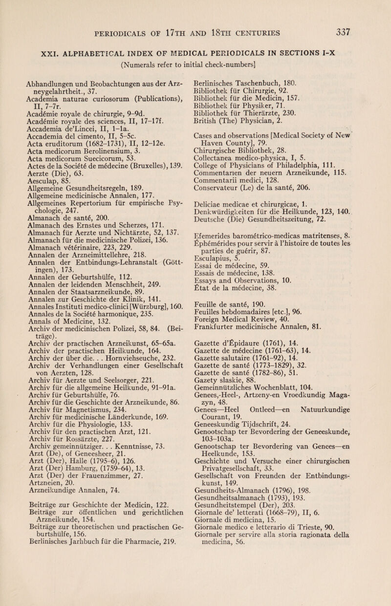 XXI. ALPHABETICAL INDEX OF MEDICAL PERIODICALS IN SECTIONS I-X (Numerals refer to initial check-numbers] Abhandlungen und Beobachtungen aus der Arz- neygelahrtheit., 37. Academia naturae curiosorum (Publications), II, 7-7r. Academie royale de chirurgie, 9-9d. Acad6mie royale des sciences, II, 17—17f. Accademia de’Lincei, II, 1-la. Accademia del cimento, II, 5-5c. Acta eruditorum (1682-1731), II, 12-12e. Acta medicorum Berolinensium, 3. Acta medicorum Suecicorum, 53. Actes de la Society de medecine (Bruxelles), 139. Aerzte (Die), 63. Aesculap, 85. Allgemeine Gesundheitsregeln, 189. Allgemeine medicinische Annalen, 177. Allgemeines Repertorium fur empirische Psy¬ chologic, 247. Almanach de sant6, 200. Almanach des Ernstes und Scherzes, 171. Almanach fur Aerzte und Nichtarzte, 52, 137. Almanach fur die medicinische Polizei, 136. Almanach veterinaire, 223, 229. Annalen der Arzneimittellehre, 218. Annalen der Entbindungs-Lehranstalt (Gott¬ ingen), 173. Annalen der Geburtshiilfe, 112. Annalen der leidenden Menschheit, 249. Annalen der Staatsarzneikunde, 89. Annalen zur Geschichte der Klinik, 141. Annales Instituti medico-clinici [Wurzburg], 160. Annales de la Societe harmonique, 235. Annals of Medicine, 132. Archiv der medicinischen Polizei, 58, 84. (Bei¬ trage) . Archiv der practischen Arzneikunst, 65-65a. Archiv der practischen Heilkunde, 164. Archiv der fiber die. . . Hornviehseuche, 232. Archiv der Verhandlungen einer Gesellschaft von Aerzten, 128. Archiv fur Aerzte und Seelsorger, 221. Archiv fiir die allgemeine Heilkunde, 91-91a. Archiv fiir Geburtshiilfe, 76. Archiv fiir die Geschichte der Arzneikunde, 86. Archiv fiir Magnetismus, 234. Archiv fiir medicinische Landerkunde, 169. Archiv fiir die Physiologie, 133. Archiv fiir den practischen Arzt, 121. Archiv fiir Rossarzte, 227. Archiv gemeinniitziger. . . Kenntnisse, 73. Arzt (De), of Geneesheer, 21. Arzt (Der), Halle (1795—6), 126. Arzt (Der) Hamburg, (1759-64), 13. Arzt (Der) der Frauenzimmer, 27. Artzneien, 20. Arzneikundige Annalen, 74. Beitrage zur Geschichte der Medicin, 122. Beitrage zur offentlichen und gerichtlichen Arzneikunde, 154. Beitrage zur theoretischen und practischen Ge- burtshiilfe, 156. Berlinisches Jarhbuch fiir die Pharmacie, 219. Berlinisches Taschenbuch, 180. Bibliothek fiir Chirurgie, 92. Bibliothek fiir die Medicin, 157. Bibliothek fiir Physiker, 71. Bibliothek fiir Thierarzte, 230. British (The) Physician, 2. Cases and observations [Medical Society of New Haven County], 79. Chirurgische Bibliothek, 28. Collectanea medico-physica, I, 5. College of Physicians of Philadelphia, 111. Commentanen der neuern Arzneikunde, 115. Commentarii medici, 128. Conservateur (Le) de la sant6, 206. Deliciae medicae et chirurgicae, 1. Denkwiirdigkeiten fiir die Heilkunde, 123, 140. Deutsche (Die) Gesundheitszeitung, 72. Efemerides barometrico-medicas matritenses, 8. Ephemerides pour servir a l’histoire de toutes les parties de guerir, 87. Esculapius, 5. Essai de medecine, 59. Essais de medecine, 138. Essays and Observations, 10. Etat de la medecine, 38. Feuille de sante, 190. Feuilles hebdomadaires [etc.], 96. Foreign Medical Review, 40. Frankfurter medicinische Annalen, 81. Gazette d’Rpidaure (1761), 14. Gazette de mddecine (1761—63), 14. Gazette salutaire (1761-92), 14. Gazette de sante (1773-1829), 32. Gazette de sante (1782-86), 51. Gazety slaskie, 88. Gemeinniitzliches Wochenblatt, 104. Genees,-Heel-, Artzeny-en Vroedkundig Maga- zyn, 48. Genees—Heel Ontleed—en Natuurkundige Courant, 19. Geneeskundig Tijdschrift, 24. Genootschap ter Bevordering der Geneeskunde, 103-103a. Genootschap ter Bevordering van Genees—en Heelkunde, 153. Geschichte und Versuche einer chirurgischen Privatgesellschaft, 33. Gesellschaft von Freunden der Entbindungs- kunst, 149. Gesundheits-Almanach (1796), 198. Gesundheitsalmanach (1793), 193. Gesundheitstempel (Der), 203. Giornale de’ letterati (1668-79), II, 6. Giornale di medicina, 15. Giornale medico e letterario di Trieste, 90. Giornale per servire alia storia ragionata della medicina, 56.
