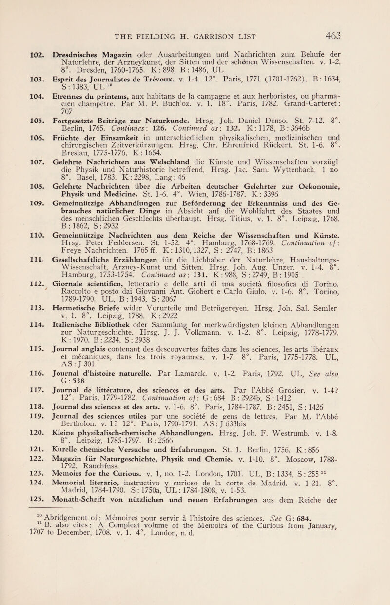 102. Dresdnisches Magazin oder Ausarbeitungen und Nachrichten zum Behufe der Naturlehre, der Arzneykunst, der Sitten und der schonen Wissenschaften. v. 1-2. 8°. Dresden, 1760-1765. K:898, B: 1486, UL 103. Esprit des Journalistes de Trevoux. v. 1-4. 12°. Paris, 1771 (1701-1762). B : 1634, S: 1383, UL10 104. Etrennes du printems, aux habitans de la campagne et aux herboristes, ou pharma- cien champetre. Par M. P. Buch’oz. v. 1. 18°. Paris, 1782. Grand-Carteret: 707 105. Fortgesetzte Beitrage zur Naturkunde. Hrsg. Joh. Daniel Denso. St. 7-12. 8°. Berlin, 1765. Continues: 126. Continued as: 132. K:1178, B: 3646b 106. Friichte der Einsamkeit in unterschiedlichen physikalischen, medizinischen und chirurgischen Zeitverkiirzungen. Hrsg. Chr. Ehrenfried Riickert. St. 1-6. 8°. Breslau, 1775-1776. K: 1654. 107. Gelehrte Nachrichten aus Welschland die Kiinste und Wissenschaften vorziigl die Physik und Naturhistorie betreffend. Hrsg. Jac. Sam. Wyttenbach. 1 no 8°. Basel, 1783. K:2298, Lang: 46 108. Gelehrte Nachrichten iiber die Arbeiten deutscher Gelehrter zur Oekonomie, Physik und Medicine. St. 1-6. 4°. Wien, 1786-1787. K: 3396 109. Gemeinniitzige Abhandlungen zur Beforderung der Erkenntniss und des Ge- brauches natiirlicher Dinge in Absicht auf die Wohlfahrt des Staates und des menschlichen Geschlechts iiberhaupt. Hrsg. Titius. v. 1. 8°. Leipzig, 1768. B : 1862, S : 2932 110. Gemeinniitzige Nachrichten aus dem Reiche der Wissenschaften und Kiinste. Hrsg. Peter Feddersen. St. 1-52. 4°. Hamburg, 1768-1769. Continuation of: Freye Nachrichten. 1765 ff. K: 1310, 1327, S: 2747, B : 1863 11 If Gesellschaftliche Erzahlungen fur die Liebhaber der Naturlehre, Haushaltungs- Wissenschaft, Arzney-Kunst und Sitten. Hrsg. Joh. Aug. Unzer. v. 1-4. 8°. Hamburg, 1753-1754. Continued as: 131. K : 988, S : 2749, B : 1905 112. Giornale scientifico, letterario e delle arti di una societa filosofica di Torino. Raccolto e posto dai Giovanni Ant. Giobert e Carlo Giulo. v. 1-6. 8°. Torino, 1789-1790. UL, B : 1943, S : 2067 113. Hermetische Briefe wider Vorurteile und Betriigereyen. Hrsg. Joh. Sal. Semler v. 1. 8°. Leipzig, 1788. K:2922 114. Italienische Bibliothek oder Sammlung for merkwiirdigsten kleinen Abhandlungen zur Naturgeschichte. Hrsg. J. J. Volkmann. v. 1-2. 8°. Leipzig, 1778-1779. K: 1970, B : 2234, S : 2938 115. Journal anglais contenant des descouvertes faites dans les sciences, les arts liberaux et mecaniques, dans les trois royaumes. v. 1-7. 8°. Paris, 1775-1778. UL, AS: J 301 116. Journal d’histoire naturelle. Par Lamarck, v. 1-2. Paris, 1792. UL, See also G: 538 117. Journal de litterature, des sciences et des arts. Par l’Abbe Grosier. v. 1-4? 12°. Paris, 1779-1782. Continuation of: G: 684 B : 2924b, S : 1412 118. Journal des sciences et des arts. v. 1-6. 8°. Paris, 1784-1787. B : 2451, S : 1426 119. Journal des sciences utiles par une societe de gens de lettres. Par M. l’Abbe Bertholon. v. 1 ? 12°. Paris, 1790-1791. AS : J 633bis 120. Kleine physikalisch-chemische Abhandlungen. Hrsg. Joh. F. Westrumb. v. 1-8. 8°. Leipzig, 1785-1797. B : 2566 121. Kurelle chemische Versuche und Erfahrungen. St. 1. Berlin, 1756. K: 856 122. Magazin fur Naturgeschichte, Physik und Chemie. v. 1-10. 8°. Moscow, 1788- 1792. Rauchfuss. 123. Memoirs for the Curious, v. 1, no. 1-2. London, 1701. UL, B : 1334, S : 255 * 11 124. Memorial literario, instructivo y curioso de la corte de Madrid, v. 1-21. 8°. Madrid, 1784-1790. S : 1750a, UL : 1784-1808, v. 1-53. 125. Monath-Schrift von niitzlichen und neuen Erfahrungen aus dem Reiche der 10 Abridgement of: Memoires pour servir a l’histoire des sciences. See G: 684. 11 B. also cites : A Compleat volume of the Memoirs of the Curious from January, 1707 to December, 1708. v. 1. 4°. London, n. d.