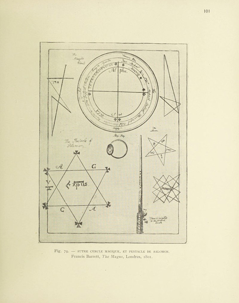 Fig. 79. — AUTRE CERCEE MAGIQUE, ET PENTACLE DE SALOMON. Francis Barrett, The Magus, Londres, 1S01.