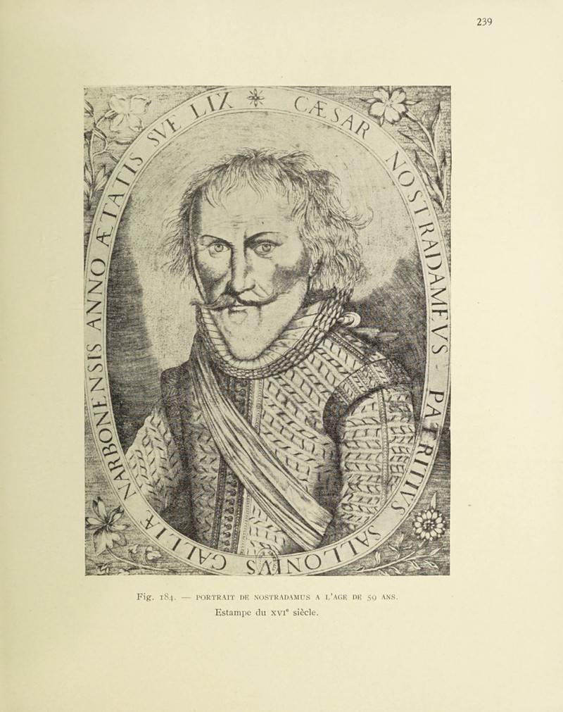 Fig. 184. PORTRAIT DR NOSTRADAMUS A i/AGR DR 59 ANS. Estampe du xvie siècle.