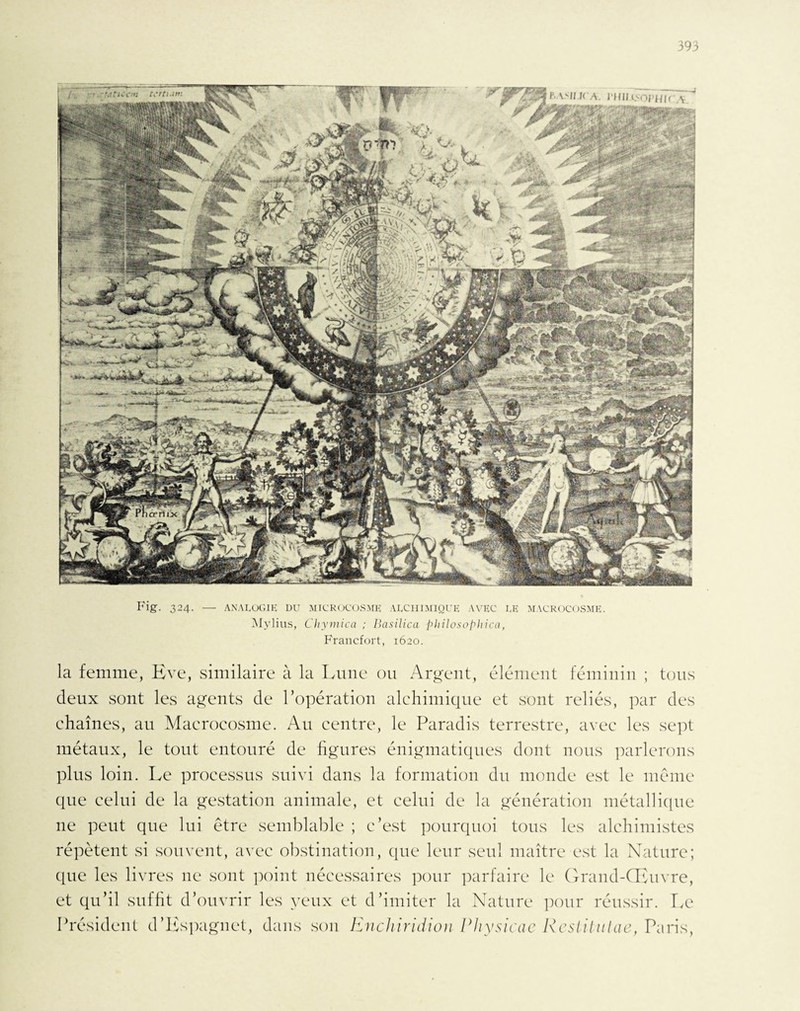 Fig. 324. — ANALOGIE DU MICROCOSME ALCHIMIQUE AVEC LE MACROCOSME. Mÿlius, Chymica ; Basilica philosophica, Francfort, 1620. la femme, Eve, similaire à la Lune ou Argent, élément féminin ; tous deux sont les agents de l’opération alchimique et sont reliés, par des chaînes, au Macrocosme. Au centre, le Paradis terrestre, avec les sept métaux, le tout entouré de figures énigmatiques dont nous parlerons plus loin. Le processus suivi dans la formation du monde est le même que celui de la gestation animale, et celui de la génération métallique ne peut que lui être semblable ; c’est pourquoi tous les alchimistes répètent si souvent, avec obstination, que leur seul maître est la Nature; que les livres 11e sont point nécessaires pour parfaire le Grand-Œuvre, et qu’il suffit d’ouvrir les yeux et d’imiter la Nature pour réussir. Le Président d’Kspagnet, dans son Enchiridion Physicae Reslilulae, Paris,