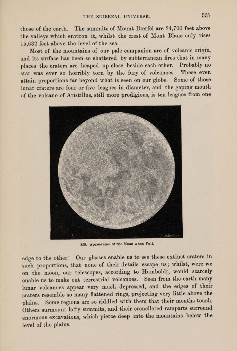 those of the earth. The summits of Mount Doerfel are 24,700 feet above the valleys which environ it, whilst the crest of Mont Blanc only rises 15,632 feet above the level of the sea. Most of the mountains of our pale companion are of volcanic origin, and its surface has been so shattered by subterranean fires that in many places the craters are heaped up close beside each other. Probably no star was ever so horribly torn by the fury of volcanoes. These even attain proportions far beyond what is seen on our globe. Some of those lunar craters are four or five leagues in diameter, and the gaping mouth of the volcano of Aristillus, still more prodigious, is ten leagues from one 259. Appearance of tfie Moon when Full. edge to the other! Our glasses enable us to see these extinct craters in such proportions, that none of their details escape us; whilst, were we on the moon, our telescopes, according to Humboldt, would scarcely enable us to make out terrestrial volcanoes. Seen from the earth many lunar volcanoes appear very much depressed, and the edges of their craters resemble so many flattened rings, projecting very little above the plains. Some regions are so riddled with them that their mouths touch. Others surmount lofty summits, and their crenellated ramparts surround enormous excavations, which pierce deep into the mountains below the level of the plains.