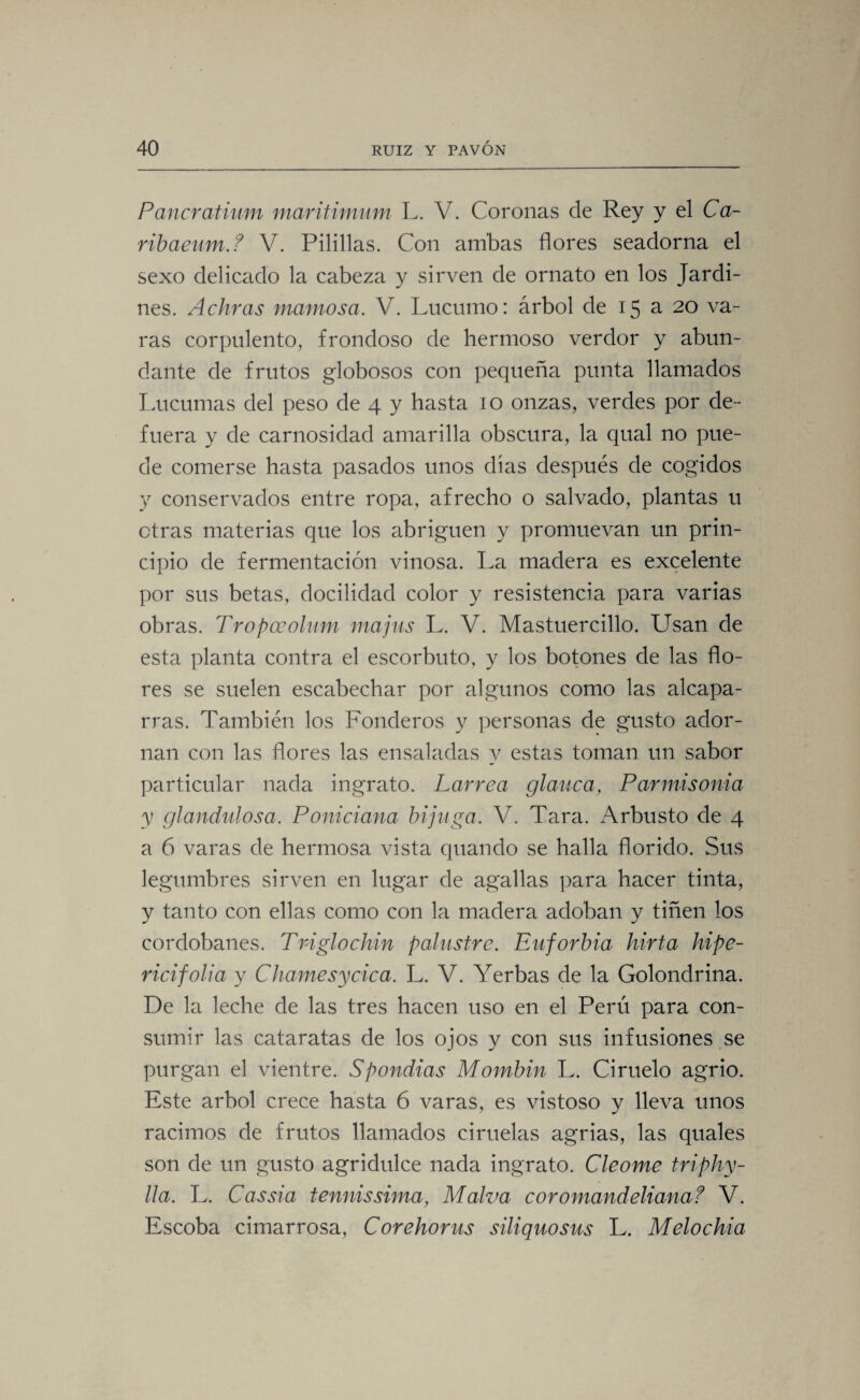 Pancratium maritimnm L. V. Coronas de Rey y el Ca- ribaeum. f V. Pilillas. Con anibas flores seadorna el sexo delicado la cabeza y sirven de ornato en los Jardi¬ nes. Adir as mamosa. V. Lúcumo: árbol de 15 a 20 va¬ ras corpulento, frondoso de hermoso verdor y abun¬ dante de frutos globosos con pequeña punta llamados Lúcumas del peso de 4 y hasta 10 onzas, verdes por de¬ fuera y de carnosidad amarilla obscura, la qual no pue¬ de comerse hasta pasados unos días después de cogidos y conservados entre ropa, afrecho o salvado, plantas u otras materias que los abriguen y promuevan un prin¬ cipio de fermentación vinosa. La madera es excelente por sus betas, docilidad color y resistencia para varias obras. Tropoeolum majus L. V. Mastuercillo. Usan de esta planta contra el escorbuto, y los botones de las flo¬ res se suelen escabechar por algunos como las alcapa¬ rras. También los Fonderos y personas de gusto ador¬ nan con las flores las ensaladas y estas toman un sabor particular nada ingrato. Larrea glauca, Parmisonia y glandulosa. Poniciana bijuga. V. Tara. Arbusto de 4 a 6 varas de hermosa vista quando se halla florido. Sus legumbres sirven en lugar de agallas para hacer tinta, y tanto con ellas como con la madera adoban y tiñen los cordobanes. Tnglochin palustre. Euforbia hirta hipe- ricifolia y Clíamesycica. L. V. Yerbas de la Golondrina. De la leche de las tres hacen uso en el Perú para con¬ sumir las cataratas de los ojos y con sus infusiones se purgan el vientre. Spondias Mombin L. Ciruelo agrio. Este árbol crece hasta 6 varas, es vistoso y lleva unos racimos de frutos llamados ciruelas agrias, las quales son de un gusto agridulce nada ingrato. Cleome triphy- lla. L. Cassia tennis sima, Malva coromandelianaf V. Escoba cimarrosa, Corehorus siliquosus L. Melochia