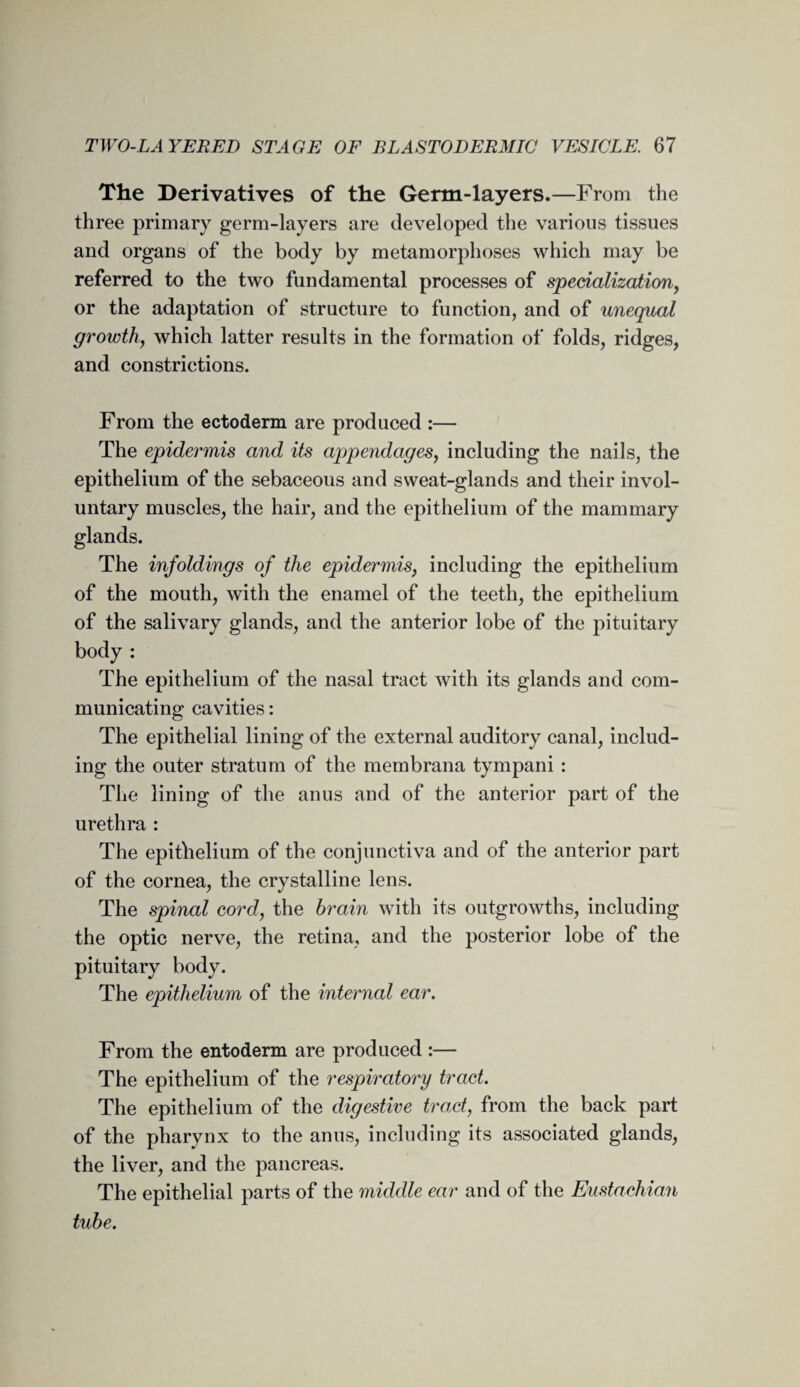 The Derivatives of the Germ-layers.—From the three primary germ-layers are developed the various tissues and organs of the body by metamorphoses which may be referred to the two fundamental processes of specialization, or the adaptation of structure to function, and of unequal growth, which latter results in the formation of folds, ridges, and constrictions. From the ectoderm are produced :— The epidermis and its appendages, including the nails, the epithelium of the sebaceous and sweat-glands and their invol¬ untary muscles, the hair, and the epithelium of the mammary glands. The infoldings of the epidermis, including the epithelium of the mouth, with the enamel of the teeth, the epithelium of the salivary glands, and the anterior lobe of the pituitary body : The epithelium of the nasal tract with its glands and com¬ municating cavities: The epithelial lining of the external auditory canal, includ¬ ing the outer stratum of the membrana tympani : The lining of the anus and of the anterior part of the urethra : The epithelium of the conjunctiva and of the anterior part of the cornea, the crystalline lens. The spinal cord, the brain with its outgrowths, including the optic nerve, the retina, and the posterior lobe of the pituitary body. The epithelium of the internal ear. From the entoderm are produced :— The epithelium of the respiratory tract. The epithelium of the digestive tract, from the back part of the pharynx to the anus, including its associated glands, the liver, and the pancreas. The epithelial parts of the middle ear and of the Eustachian tube.