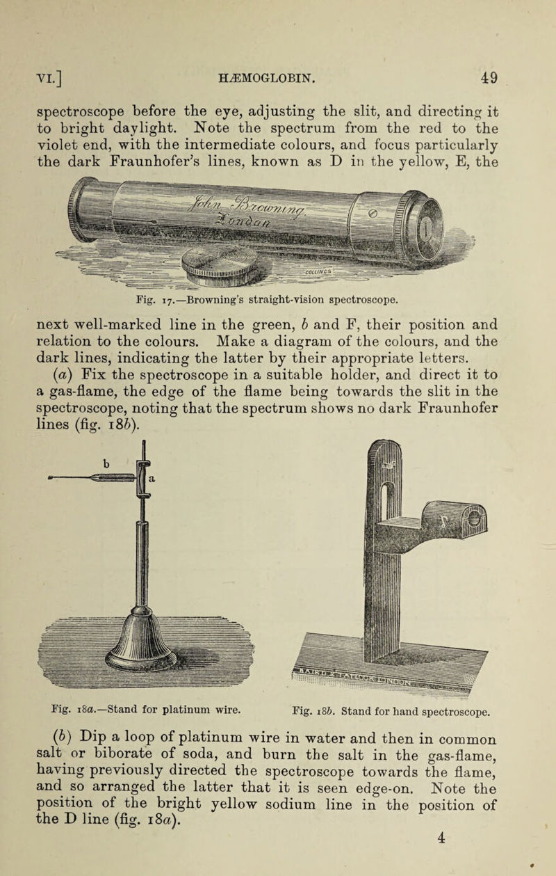 spectroscope before the eye, adjusting the slit, and directing it to bright daylight. Note the spectrum from the red to the violet end, with the intermediate colours, and focus particularly the dark Fraunhofer’s lines, known as D in the yellow, E, the Fig. 17.—Browning’s straight-vision spectroscope. next well-marked line in the green, b and F, their position and relation to the colours. Make a diagram of the colours, and the dark lines, indicating the latter by their appropriate letters. (a) Fix the spectroscope in a suitable holder, and direct it to a gas-flame, the edge of the flame being towards the slit in the spectroscope, noting that the spectrum shows no dark Fraunhofer lines (fig. 186). Fig. iSa. Stand for platinum wire. Fig. 18&. Stand for hand spectroscope. (b) Dip a loop of platinum wire in water and then in common salt or biborate of soda, and burn the salt in the gas-flame, having previously directed the spectroscope towards the flame, and so arranged the latter that it is seen edge-on. Note the position of the bright yellow sodium line in the position of the D line (fig. i8<x). 4