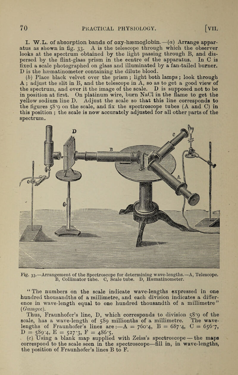 I. W.L. of absorption bands of oxy-haemoglobin.— (a) Arrange appar¬ atus as shown in fig. 33. A is the telescope through which the observer looks at the spectrum obtained by the light passing through B, and dis¬ persed by the flint-glass prism in the eentre of the apparatus. In C is fixed a scale photographed on glass and illuminated by a fan-tailed burner. D is the hcematinometer containing the dilute blood. (b) Place black velvet over the prism ; light both lamps ; look through A; adjust the slit in B, and the telescope in A, so as to get a good view of the spectrum, and over it the image of the scale. D is supposed not to be in position at first. On platinum wire, burn NaCl in the flame to get the yellow sodium line D. Adjust the scale so that this line corresponds to the figures 58 -9 on the scale, and fix the spectroscope tubes (A and C) in this position ; the scale is now accurately adjusted for all other parts of the spectrum. Fig. 33.—Arrangement of the Spectroscope for determining wave-lengths.—A, Telescope. B, Collimator tube. C, Scale tube. D, Hsematinometer. “ The numbers on the scale indicate wave-lengths expressed in one hundred thousandths of a millimetre, and each division indicates a differ¬ ence in wave-length equal to one hundred thousandth of a millimetre” (Gamgee). Thus, Fraunhofer’s line, D, which corresponds to division 58*9 of the scale, has a wave-length of 589 millionths of a millimetre. The wave¬ lengths of Fraunhofer’s lines are:—A = 760-4, B = 687-4, C = 656-7, D = 589-4, E = 527-3, F - 486-5. . (c) Using a blank map supplied with Zeiss’s spectroscope — the maps correspond to the scale seen in the spectroscope—fill in, in wave-lengths, the position of Fraunhofer’s lines B to F.