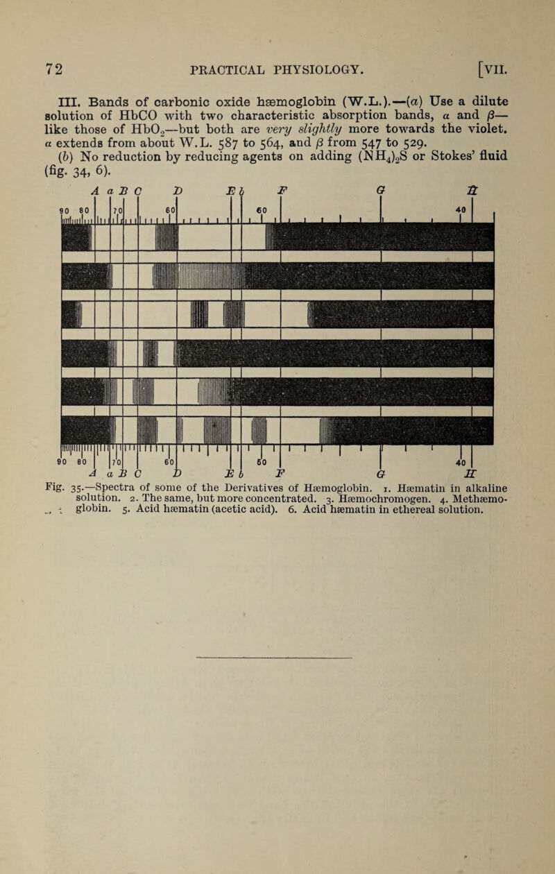 III. Bands of carbonic oxide hsemoglobin (W.L.).—[a) Use a dilute solution of HbCO with two characteristic absorption bands, a and /3— like those of Hb02—but both are very slightly more towards the violet. a extends from about W.L. 587 to 564, and (3 from 547 to 529. (b) No reduction by reducing agents on adding (NH4)2S or Stokes’ fluid (fig. 34, 6). Pig- 35-—Spectra of some of the Derivatives of Haemoglobin. 1. Haematin in alkaline solution. 2. The same, but more concentrated. 3. Haemochromogen. 4. Methaemo- i globin. 5. Acid haematin (acetic acid). 6. Acid hsematin in ethereal solution.