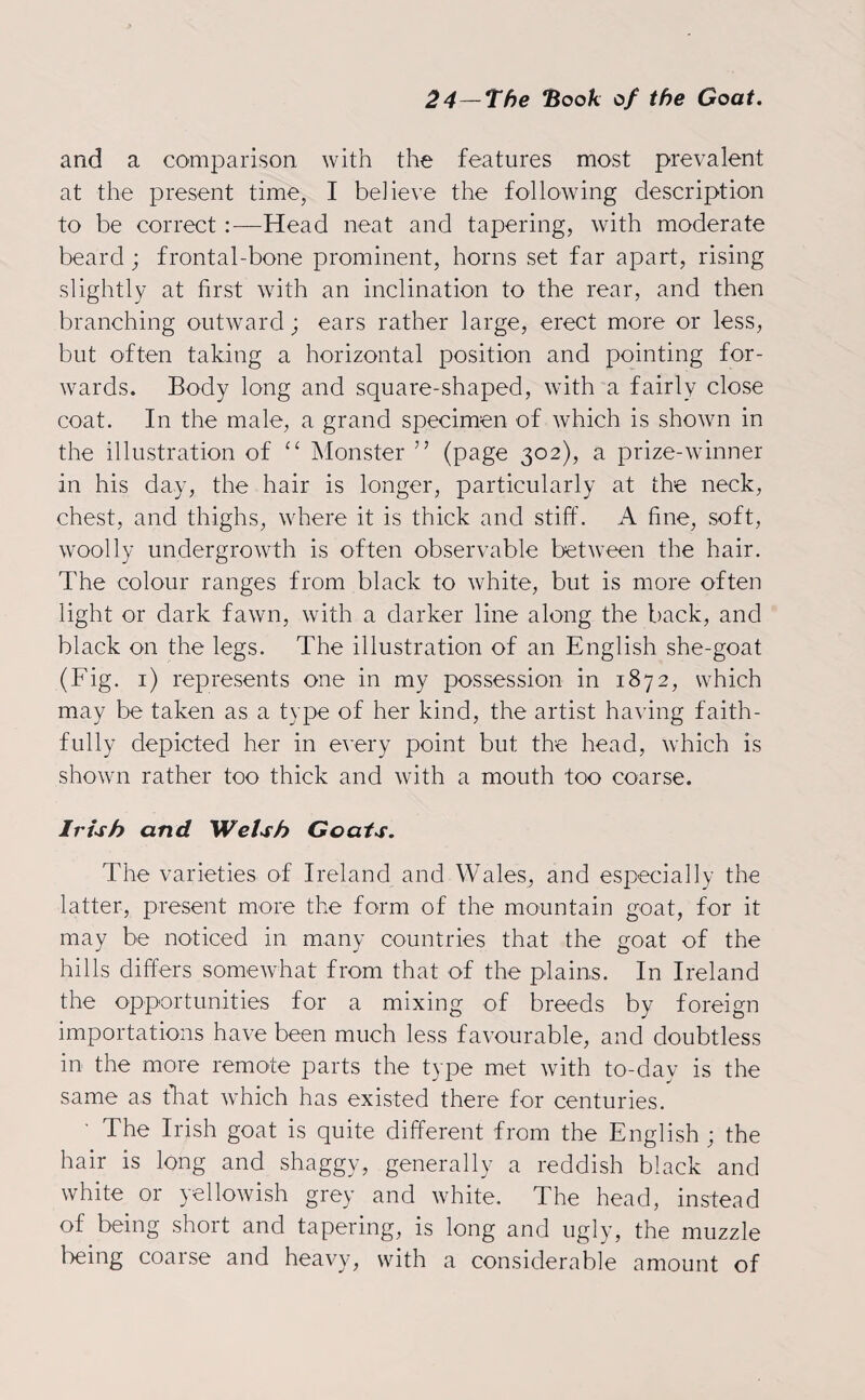 and a comparison with the features most prevalent at the present time, I believe the following description to be correct Head neat and tapering, with moderate beard; frontal-bone prominent, horns set far apart, rising slightly at first with an inclination to the rear, and then branching outward; ears rather large, erect more or less, but often taking a horizontal position and pointing for¬ wards. Body long and square-shaped, with a fairly close coat. In the male, a grand specimen of which is shown in the illustration of “ Monster ” (page 302), a prize-winner in his day, the hair is longer, particularly at the neck, chest, and thighs, where it is thick and stiff. A fine, soft, woolly undergrowth is often observable between the hair. The colour ranges from black to white, but is more often light or dark fawn, with a darker line along the back, and black on the legs. The illustration of an English she-goat (Fig. 1) represents one in my possession in 1872, which may be taken as a type of her kind, the artist having faith¬ fully depicted her in every point but the head, which is shown rather too thick and with a mouth too coarse. Irish and Welsh Goats. The varieties of Ireland and Wales, and especially the latter, present more the form of the mountain goat, for it may be noticed in many countries that the goat of the hills differs somewhat from that of the plains. In Ireland the opportunities for a mixing of breeds by foreign importations have been much less favourable, and doubtless in the more remote parts the type met with to-dav is the same as that which has existed there for centuries. • The Irish goat is quite different from the English ; the hair is long and shaggy, generally a reddish black and white or yellowish grey and white. The head, instead of being short and tapering, is long and ugly, the muzzle being coarse and heavy, with a considerable amount of