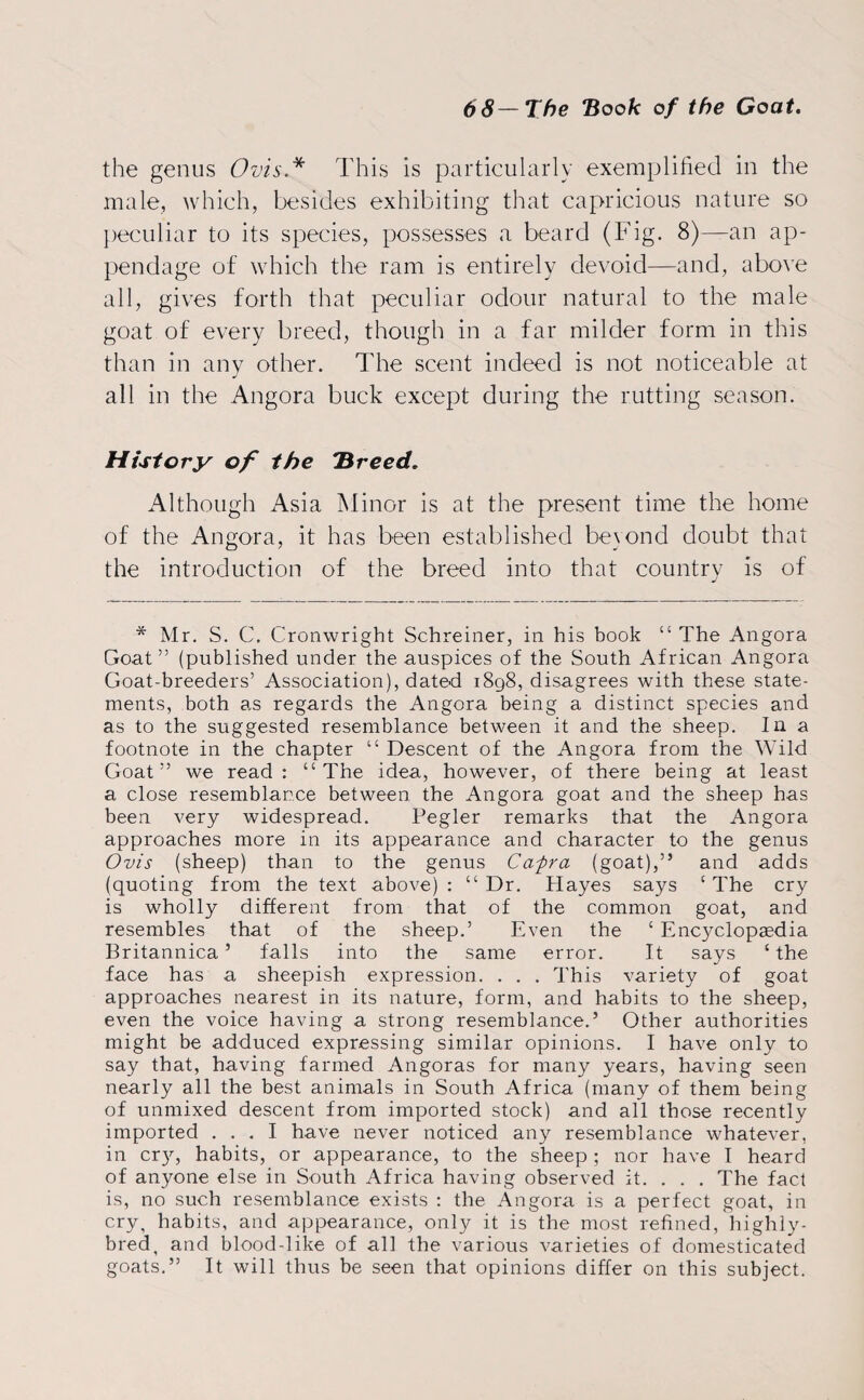 the genus Ovis.* This is particularly exemplified in the male, which, besides exhibiting that capricious nature so peculiar to its species, possesses a beard (Fig. 8)—an ap¬ pendage of which the ram is entirely devoid—and, above all, gives forth that peculiar odour natural to the male goat of every breed, though in a far milder form in this than in any other. The scent indeed is not noticeable at all in the Angora buck except during the rutting season. History of the 'Breed. Although Asia Minor is at the present time the home of the Angora, it has been established beyond doubt that the introduction of the breed into that country is of * Mr. S. C, Cromvright Schreiner, in his book “ The Angora Goat” (published under the auspices of the South African Angora Goat-breeders’ Association), dated 1898, disagrees with these state¬ ments, both as regards the Angora being a distinct species and as to the suggested resemblance between it and the sheep. In a footnote in the chapter “ Descent of the Angora from the Wild Goat” we read: “The idea, however, of there being at least a close resemblance between the Angora goat and the sheep has been very widespread. Pegler remarks that the Angora approaches more in its appearance and character to the genus Ovis (sheep) than to the genus Capra (goat),” and adds (quoting from the text above) : “ Dr. Hayes says ‘ The cry is wholly different from that of the common goat, and resembles that of the sheep.’ Even the c Encyclopaedia Britannica ’ falls into the same error. It says ‘ the face has a sheepish expression. . . . This variety of goat approaches nearest in its nature, form, and habits to the sheep, even the voice having a strong resemblance.5 Other authorities might be adduced expressing similar opinions. I have only to say that, having farmed Angoras for many years, having seen nearly all the best animals in South Africa (many of them being of unmixed descent from imported stock) and all those recently imported ... I have never noticed any resemblance whatever, in cry, habits, or appearance, to the sheep; nor have I heard of anyone else in South Africa having observed it. . . . The fact is, no such resemblance exists : the Angora is a perfect goat, in cry, habits, and appearance, only it is the most refined, highly- bred, and blood-like of all the various varieties of domesticated goats.” It will thus be seen that opinions differ on this subject.