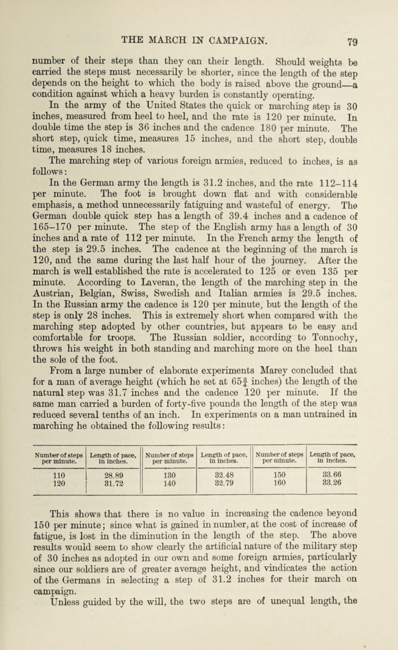 number of their steps than they can their length. Should weights be carried the steps must necessarily be shorter, since the length of the step depends on the height to which the body is raised above the ground_a condition against which a heavy burden is constantly operating. In the army of the United States the quick or marching step is 30 inches, measured from heel to heel, and the rate is 120 per minute. In double time the step is 36 inches and the cadence 180 per minute. The short step, quick time, measures 15 inches, and the short step, double time, measures 18 inches. The marching step of various foreign armies, reduced to inches, is as follows: In the German army the length is 31.2 inches, and the rate 112-114 per minute. The foot is brought down flat and with considerable emphasis, a method unnecessarily fatiguing and wasteful of energy. The German double quick step has a length of 39.4 inches and a cadence of 165-170 per minute. The step of the English army has a length of 30 inches and a rate of 112 per minute. In the French army the length of the step is 29.5 inches. The cadence at the beginning of the march is 120, and the same during the last half hour of the journey. After the march is well established the rate is accelerated to 125 or even 135 per minute. According to Laveran, the length of the marching step in the Austrian, Belgian, Swiss, Swedish and Italian armies is 29.5 inches. In the Russian army the cadence is 120 per minute, but the length of the step is only 28 inches. This is extremely short when compared with the marching step adopted by other countries, but appears to be easy and comfortable for troops. The Russian soldier, according to Tonnochy, throws his weight in both standing and marching more on the heel than the sole of the foot. From a large number of elaborate experiments Marey concluded that for a man of average height (which he set at 65 j- inches) the length of the natural step was 31.7 inches and the cadence 120 per minute. If the same man carried a burden of forty-five pounds the length of the step was reduced several tenths of an inch. In experiments on a man untrained in marching he obtained the following results: Number of steps Length of pace, Number of steps Length of pace. Number of steps Length of pace, per minute. in inches. per minute. in inches. per minute. in inches. 110 28.89 130 32.48 150 33.66 120 31.72 140 32.79 160 33.26 This shows that there is no value in increasing the cadence beyond 150 per minute; since what is gained in number, at the cost of increase of fatigue, is lost in the diminution in the length of the step. The above results would seem to show clearly the artificial nature of the military step of 30 inches as adopted in our own and some foreign armies, particularly since our soldiers are of greater average height, and vindicates the action of the Germans in selecting a step of 31.2 inches for their march on campaign. Unless guided by the will, the two steps are of unequal length, the