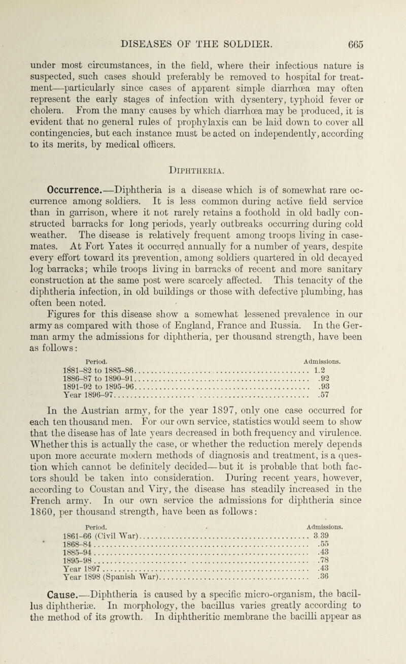 under most circumstances, in the field, where their infectious nature is suspected, such cases should preferably be removed to hospital for treat¬ ment—particularly since cases of apparent simple diarrhoea may often represent the early stages of infection with dysentery, typhoid fever or cholera. From the many causes by which diarrhoea may be produced, it is evident that no general rules of prophylaxis can be laid down to cover all contingencies, but each instance must be acted on independently, according to its merits, by medical officers. Diphtheria. Occurrence.—Diphtheria is a disease which is of somewhat rare oc¬ currence among soldiers. It is less common during active field service than in garrison, where it not rarely retains a foothold in old badly con¬ structed barracks for long periods, yearly outbreaks occurring during cold weather. The disease is relatively frequent among troops living in case¬ mates. At Fort Yates it occurred annually for a number of years, despite every effort toward its prevention, among soldiers quartered in old decayed log barracks; while troops living in barracks of recent and more sanitary construction at the same post were scarcely affected. This tenacity of the diphtheria infection, in old buildings or those with defective plumbing, has often been noted. Figures for this disease show a somewhat lessened prevalence in our army as compared with those of England, France and Russia. In the Ger¬ man army the admissions for diphtheria, per thousand strength, have been as follows: Period. Admissions. 1881-82 to 1885-86. 1.2 1886-87 to 1890-91.92 1891-92 to 1895-96.93 Year 1896-97.57 In the Austrian army, for the year 1897, only one case occurred for each ten thousand men. For our own service, statistics would seem to show that the disease has of late years decreased in both frequency and virulence. Whether this is actually the case, or whether the reduction merely depends upon more accurate modern methods of diagnosis and treatment, is a ques¬ tion which cannot be definitely decided—but it is probable that both fac¬ tors should be taken into consideration. During recent years, however, according to Coustan and Viry, the disease has steadily increased in the French army. In our own service the admissions for diphtheria since 1860, per thousand strength, have been as follows: Period. . Admissions. 1861-66 (Civil War). 3 39 1868-84.55 1885-94.43 1895-98 .78 Year 1897 .43 Year 1898 (Spanish War).36 Cause.—Diphtheria is caused by a specific micro-organism, the bacil¬ lus diphtlierke. In morphology, the bacillus varies greatly according to the method of its growth. In diphtheritic membrane the bacilli appear as