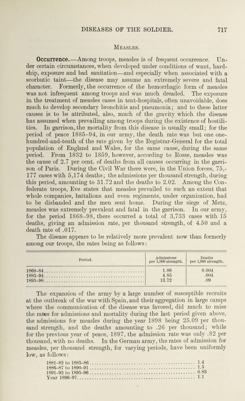 Measles. Occurrence.—Among troops, measles is of frequent occurrence. Un¬ der certain circumstances, when developed under conditions of want, hard¬ ship, exposure and bad sanitation—and especially when associated with a scorbutic taint—the disease may assume an extremely severe and fatal character. Formerly, the occurrence of the hemorrhagic form of measles was not infrequent among troops and was much dreaded. The exposure in the treatment of measles cases in tent-hospitals, often unavoidable, does much to develop secondary bronchitis and pneumonia; and to these latter causes is to be attributed, also, much of the gravity which the disease has assumed when prevailing among troops during the existence of hostili¬ ties. In garrison,the mortality from this disease is usually small; for the period of peace 1885-94, in our army, the death rate was but one one- hundred-and-tenth of the rate given by the Registrar-General for the total population of England and Wales, for the same cause, during the same period. From 1832 to 1859, however, according to Rosse, measles was the cause of 2.7 per cent, of deaths from all causes occurring in the garri¬ son of Paris. During the Civil War there were, in the Union forces, 75,- 177 cases with 5,174 deaths; the admissions per thousand strength, during this period, amounting to 31.72 and the deaths to 2.02. Among the Con¬ federate troops, Eve states that measles prevailed to such an extent that whole companies, battalions and even regiments, under organization, had to be disbanded and the men sent home. During the siege of Metz, measles was extremely prevalent and fatal in the garrison. In our army, for the period 1868-98, there occurred a total of 3,733 cases with 15 deaths, giving an admission rate, per thousand strength, of 4.50 and a death rate of .017. The disease appears to be relatively more prevalent now than formerly among our troops, the rates being as follows: Period. Admissions per 1,000 strength. Deaths per 1,000 strength. 1868-84. 1.88 0.004 1885-94. 4.85 .004 1895-98. 13.72 .09 The expansion of the army by a large number of susceptible recruits at the outbreak of the war with Spain, and the A aggregation in large camps where the communication of the disease was favored, did much to raise the rates for admissions and mortality during the last period given above, the admissions for measles during the year 1898 being 25.09 per thou¬ sand strength, and the deaths amounting to .26 per thousand; while for the previous year of peace, 1897, the admission rate was only .82 per thousand, with no deaths. In the German army, the rates of admission for measles, per thousand strength, for varying periods, have been uniformly low, as follows: 1881-82 to 1885-86. 1.4 1886-87 to 1890-91 . 1.5 1891-92 to 1895-96 . 0.83 Year 1896-97. 1 1