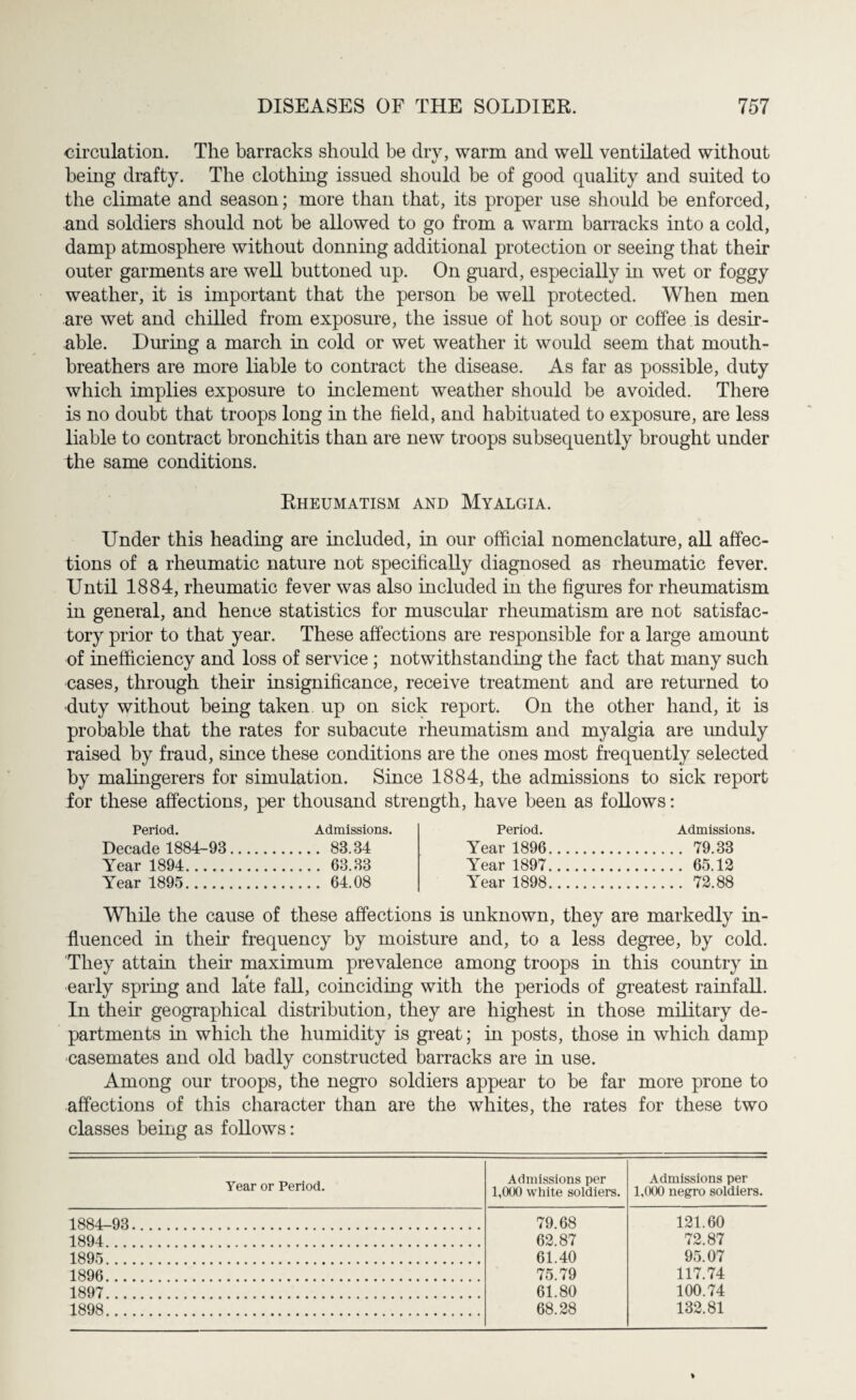circulation. The barracks should be dry, warm and well ventilated without being drafty. The clothing issued should be of good quality and suited to the climate and season; more than that, its proper use should be enforced, and soldiers should not be allowed to go from a warm barracks into a cold, damp atmosphere without donning additional protection or seeing that their outer garments are well buttoned up. On guard, especially in wet or foggy weather, it is important that the person be well protected. When men are wet and chilled from exposure, the issue of hot soup or coffee is desir¬ able. During a march in cold or wet weather it would seem that mouth- breathers are more liable to contract the disease. As far as possible, duty which implies exposure to inclement weather should be avoided. There is no doubt that troops long in the field, and habituated to exposure, are less liable to contract bronchitis than are new troops subsequently brought under the same conditions. Rheumatism and Myalgia. Under this heading are included, in our official nomenclature, all affec¬ tions of a rheumatic nature not specifically diagnosed as rheumatic fever. Until 1884, rheumatic fever was also included in the figures for rheumatism in general, and hence statistics for muscular rheumatism are not satisfac¬ tory prior to that year. These affections are responsible for a large amount of inefficiency and loss of service ; notwithstanding the fact that many such cases, through their insignificance, receive treatment and are returned to duty without being taken up on sick report. On the other hand, it is probable that the rates for subacute rheumatism and myalgia are unduly raised by fraud, since these conditions are the ones most frequently selected by malingerers for simulation. Since 1884, the admissions to sick report for these affections, per thousand strength, have been as follows: Period. Admissions. Decade 1884-93. 83.34 Year 1894. 63.33 Year 1895. 64.08 Period. Admissions. Year 1896. 79.33 Year 1897. 65.12 Year 1898. 72.88 While the cause of these affections is unknown, they are markedly in¬ fluenced in their frequency by moisture and, to a less degree, by cold. They attain their maximum prevalence among troops in this country in early spring and late fall, coinciding with the periods of greatest rainfall. In their geographical distribution, they are highest in those military de¬ partments in which the humidity is great; in posts, those in which damp casemates and old badly constructed barracks are in use. Among our troops, the negro soldiers appear to be far more prone to affections of this character than are the whites, the rates for these two classes being as follows: Year or Period. Admissions per Admissions per 1,000 white soldiers. 1,000 negro soldiers. 1884-93. 79.68 121.60 1894. 62.87 72.87 1895. 61.40 95.07 1896. 75.79 117.74 1897. 61.80 100.74 1898. 68.28 132.81