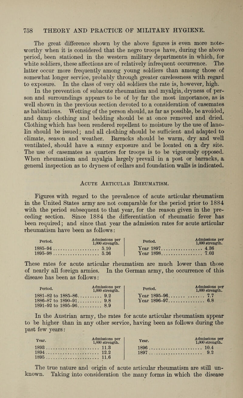 The great difference shown by the above figures is even more note¬ worthy when it is considered that the negro troops have, during the above period, been stationed in the western military departments in which, for white soldiers, these affections are of relatively infrequent occurrence. The latter occur more frequently among young soldiers than among those of somewhat longer service, probably through greater carelessness with regard to exposure. In the class of very old soldiers the rate is, however, high. In the prevention of subacute rheumatism and myalgia, dryness of per¬ son and surroundings appears to be of by far the most importance, as is well shown in the previous section devoted to a consideration of casemates as habitations. Wetting of the person should, as far as possible, be avoided, and damp clothing and bedding should be at once removed and dried. Clothing which has been rendered repellent to moisture by the use of lano¬ lin should be issued; and all clothing should be sufficient and adapted to climate, season and weather. Barracks should be warm, dry and well ventilated, should have a sunny exposure and be located on a dry site. The use of casemates as quarters for troops is to be vigorously opposed. When rheumatism and myalgia largely prevail in a post or barracks, a general inspection as to dryness of cellars and foundation walls is indicated. Acute Articular Rheumatism. Figures with regard to the prevalence of acute articular rheumatism in the United States army are not comparable for the period prior to 1884 with the period subsequent to that year, for the reason given in the pre¬ ceding section. Since 1884 the differentiation of rheumatic fever has been required; and since that year the admission rates for acute articular rheumatism have been as follows: Period. 1885-94 1895-98 Admissions per 1,000 strength. ... 5.10 ... 5.26 Period. Year 1897 Year 1898 Admissions per 1,000 strength. ... 4.36 ... 7.03 These rates for acute articular rheumatism are much lower than those of nearly all foreign armies. In the German army, the occurrence of this disease has been as follows: Period. 1881-82 to 1885-86 1886-87 to 1890-91 1891-92 to 1895-96 Admissions per 1,000 strength. .... 9.2 .... 9.8 .... 8.9 Period. Year 1895-96 Year 1896-97 Admissions per 1,000 strength. .... 7.7 .... 6.8 In the Austrian army, the rates for acute articular rheumatism appear to be higher than in any other service, having been as follows during the past few years: Year. Admissions per 1,000 strength. 1893 . . 11.3 1894. . 12.2 1895 . . 11.6 Year. 1896 1897 Admissions per 1,000 strength. ... 10.4 ... 9.2 The true nature and origin of acute articular rheumatism are still un¬ known. Taking into consideration the many forms in which the disease