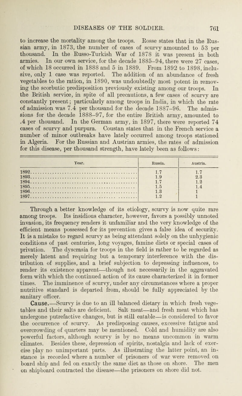 to increase the mortality among the troops. Rosse states that in the Rus¬ sian army, in 1873, the number of cases of scurvy amounted to 53 per thousand. In the Russo-Turkish War of 1878 it was present in both armies. In our own service, for the decade 1885-94, there were 27 cases, of which 18 occurred in 1888 and 5 in 1889. From 1892 to 1898, inclu¬ sive, only 1 case was reported. The addition of an abundance of fresh vegetables to the ration, in 1890, was undoubtedly most potent in remov¬ ing the scorbutic predisposition previously existing among our troops. In the British service, in spite of all precautions, a few cases of scurvy are constantly present; particularly among troops in India, in which the rate of admission was 7.4 per thousand for the decade 1887-96. The admis¬ sions for the decade 1888-97, for the entire British army, amounted to .4 per thousand. In the German army, in 1897, there were reported 74 cases of scurvy and purpura. Coustan states that in the French service a number of minor outbreaks have lately occurred among troops stationed in Algeria. For the Russian and Austrian armies, the rates of admission for this disease, per thousand strength, have lately been as follows: Year. Russia. Austria. 1892 1898 1894 1895 1896 1897 1.7 1.7 1.9 2.3 1.7 1.2 1.5 1.4 1.3 1 1.2 1 Through a better knowledge of its etiology, scurvy is now quite rare among troops. Its insidious character, however, favors a possibly unnoted invasion, its frequency renders it unfamiliar and the very knowledge of the efficient means possessed for its prevention gives a false idea of security. It is a mistake to regard scurvy as being attendant solely on the unhygienic conditions of past centuries, long voyages, famine diets or special cases of privation. The dyscrasia for troops in the field is rather to be regarded as merely latent and requiring but a temporary interference with the dis¬ tribution of supplies, and a brief subjection to depressing influences, to render its existence apparent—though not necessarily in the aggravated form with which the continued action of its cause characterized it in former times. The imminence of scurvy, under any circumstances where a proper nutritive standard is departed from, should be fully appreciated by the sanitary officer. Cause.—Scurvy is due to an ill balanced dietary in which fresh vege¬ tables and their salts are deficient. Salt meat—and fresh meat which has undergone putrefactive changes, but is still eatable—is considered to favor the occurrence of scurvy. As predisposing causes, excessive fatigue and overcrowding of quarters may be mentioned. Cold and humidity are also powerful factors, although scurvy is by no means uncommon in warm climates. Besides these, depression of spirits, nostalgia and lack of exer¬ cise play no unimportant parts. As illustrating the latter point, an in¬ stance is recorded where a number of prisoners of war were removed on board ship and fed on exactly the same diet as those on shore. The men on shipboard contracted the disease—the prisoners on shore did not.