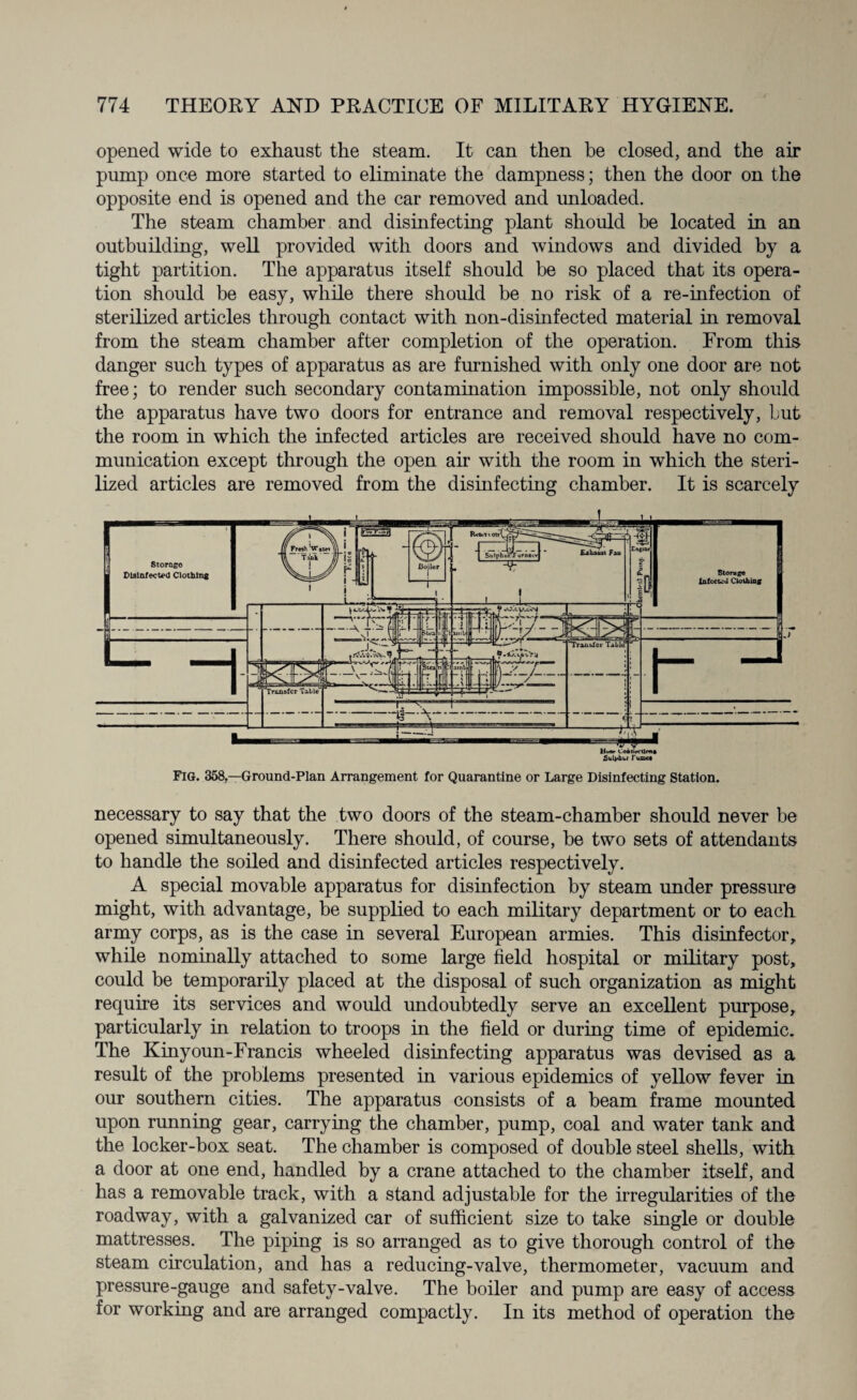 opened wide to exhaust the steam. It can then be closed, and the air pump once more started to eliminate the dampness; then the door on the opposite end is opened and the car removed and unloaded. The steam chamber and disinfecting plant should be located in an outbuilding, well provided with doors and windows and divided by a tight partition. The apparatus itself should be so placed that its opera¬ tion should be easy, while there should be no risk of a re-infection of sterilized articles through contact with non-disinfected material in removal from the steam chamber after completion of the operation. From this danger such types of apparatus as are furnished with only one door are not free; to render such secondary contamination impossible, not only should the apparatus have two doors for entrance and removal respectively, but the room in which the infected articles are received should have no com¬ munication except through the open air with the room in which the steri¬ lized articles are removed from the disinfecting chamber. It is scarcely Fig. 358.—Ground-Plan Arrangement for Quarantine or Large Disinfecting Station. necessary to say that the two doors of the steam-chamber should never be opened simultaneously. There should, of course, be two sets of attendants to handle the soiled and disinfected articles respectively. A special movable apparatus for disinfection by steam under pressure might, with advantage, be supplied to each military department or to each army corps, as is the case in several European armies. This disinfector, while nominally attached to some large field hospital or military post, could be temporarily placed at the disposal of such organization as might require its services and would undoubtedly serve an excellent purpose, particularly in relation to troops in the field or during time of epidemic. The Kinyoun-Francis wheeled disinfecting apparatus was devised as a result of the problems presented in various epidemics of yellow fever in our southern cities. The apparatus consists of a beam frame mounted upon running gear, carrying the chamber, pump, coal and water tank and the locker-box seat. The chamber is composed of double steel shells, with a door at one end, handled by a crane attached to the chamber itself, and has a removable track, with a stand adjustable for the irregularities of the roadway, with a galvanized car of sufficient size to take single or double mattresses. The piping is so arranged as to give thorough control of the steam circulation, and has a reducing-valve, thermometer, vacuum and pressure-gauge and safety-valve. The boiler and pump are easy of access for working and are arranged compactly. In its method of operation the
