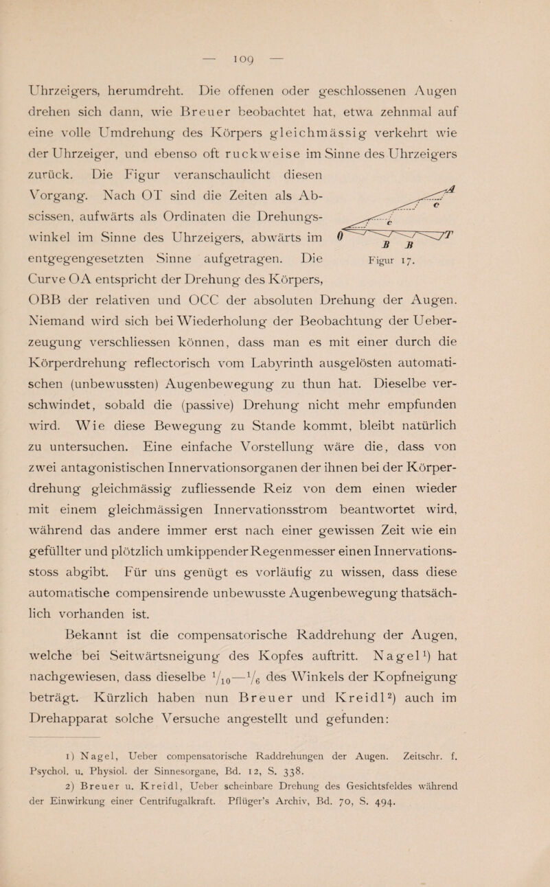 Uhrzeigers, herumdreht. Die offenen oder geschlossenen Augen drehen sich dann, wie Breuer beobachtet hat, etwa zehnmal auf eine volle Umdrehung des Körpers gleichmässig verkehrt wie der Uhrzeiger, und ebenso oft ruckweise im Sinne des Uhrzeigers zurück. Die Figur veranschaulicht diesen Vorgang. Nach OT sind die Zeiten als Ab- scissen, aufwärts als Ordinaten die Drehungs¬ winkel im Sinne des Uhrzeigers, abwärts im entgegengesetzten Sinne aufg*etragen. Die Curve OA entspricht der Drehung des Körpers, OBB der relativen und OCC der absoluten Drehung der Augen. Niemand wird sich bei Wiederholung der Beobachtung* der Ueber- zeugung verschliessen können, dass man es mit einer durch die Körperdrehung reflectorisch vom Labyrinth ausgelösten automati¬ schen (unbewussten) Augenbewegung zu thun hat. Dieselbe ver¬ schwindet, sobald die (passive) Drehung nicht mehr empfunden wird. Wie diese Bewegung zu Stande kommt, bleibt natürlich zu untersuchen. Eine einfache Vorstellung wäre die, dass von zwei antagonistischen Innervationsorganen der ihnen bei der Körper¬ drehung gleichmässig zufliessende Reiz von dem einen wieder mit einem gleichmässigen Innervationsstrom beantwortet wird, während das andere immer erst nach einer gewissen Zeit wie ein gefüllter und plötzlich umkippender Regenmesser einen Innervations- stoss abgibt. Für uns genügt es vorläufig* zu wissen, dass diese automatische compensirende unbewusste Augenbewegung thatsäch- lich vorhanden ist. Bekannt ist die compensatorische Raddrehung der Augen, welche bei Seitwärtsneigung des Kopfes auftritt. Nagel1) hat nachgewiesen, dass dieselbe Vio Vö des Winkels der Kopfneigung beträgt. Kürzlich haben nun Breuer und Kreidl2) auch im Drehapparat solche Versuche angestellt und gefunden: 1) Nagel, Ueber compensatorische Raddrehungen der Augen. Zeitschr. f. Psychol. u. Physiol. der Sinnesorgane, Bd. 12, S. 338. der Einwirkung einer Centrifugalkraft. Pflüger’s Archiv, Bd. 70, S. 494. Figur 17.