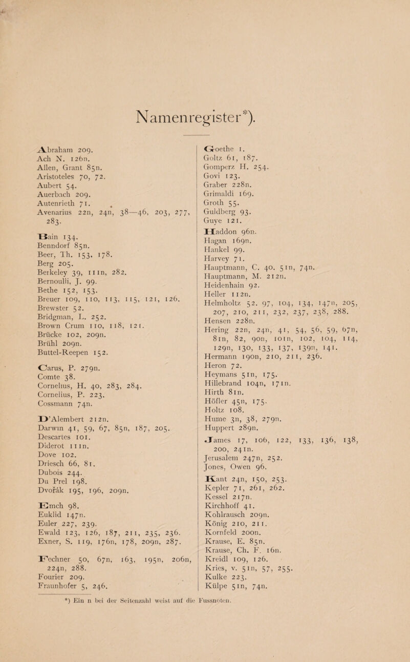 J_braham 209. Ach N. 12611. Allen, Grant 85a. Aristoteles 70, 72. Aubert 54. Auerbach 209. Autenrieth 71. Avenarius 2211, 2411, 38—46, 203, 277, 283. Kain 134. Benndorf 85m Beer, Th. 153. 178. Berg 205. Berkeley 39, mn, 282. Bernoulli, J. 99. Bethe 152, 153. Breuer 109, 110, 113, 115, 121, 126. Brevvster 52. Bridgman, L. 252. Brown Crum 110, 118, 121. Brücke 102, 209m Brühl 2091a. Buttel-Reepen 152. Oarus, P. 27911. Comte 38. Cornelius, H. 40, 283, 284. Cornelius, P. 223. Cossmann 74m D’Alembert 21211. Darwin 41, 59, 67, 850, 187, 205. Descartes I o I. Diderot 11m. Dove 102. Driesch 66, 81. Dubois 244. Du Prel 198. Dvorak 195, 196, 20911. Emch 98. Euklid 14711. Euler 227, 239. Ewald 123, 126, 187, 211, 235, 236. Exner, S. 119, 17611, 178, 20911, 287. TTechner 50, 6711, 163, i95n, 20611, 224n, 288. Fourier 209. Fraunhofer 5, 246. C*-oethe 1. Goltz 61, 187. Gomperz H. 254. Govi 123. Gräber 22811. Grimaldi 169. Groth 55. Guldberg 93. Guye 121. Haddon 9611. Hagan 16911. Hankel 99. Harvey 7 1. Hauptniann, C. 40. 5111, 7411. Hauptmann, M. 21211. Heidenhain 92. Heller 11211. Helmholtz 52. 97, 104, 134, 14711, 205, 207, 210, 211, 232, 237, 238, 288. Hensen 22811. Hering 2211, 2411, 41, 54, 56, 59, 6711, 8111, 82, 9011, ioin, 102, 104, 1 14, 1291h 130, 133, 137, 13911, 141- Hermann 19011, 210, 211, 236. Heron 72. Heymans Jin, 175. Hiliebrand 10411, 17111. Hirth 8in. Höfler 4511, 175. Holtz 108. Hume 311, 38, 27911. Huppert 28911. James 17, 106, 122, 133, 136, 138, 200, 24m. Jerusalem 24711, 252. Jones, Owen 96. Kant 2411, 150, 253. Kepler 71, 261, 262. Kessel 21711. Kirchhoff 41. Kohlrausch 2090. König 210, 211. Kornfeld 200n. Krause, E. 8511. Krause, Ch. E. 1611. Kreidl 109, 126. Kries, v. 5m, 57, 255. Kulke 223. Külpe 5 in, 7411.