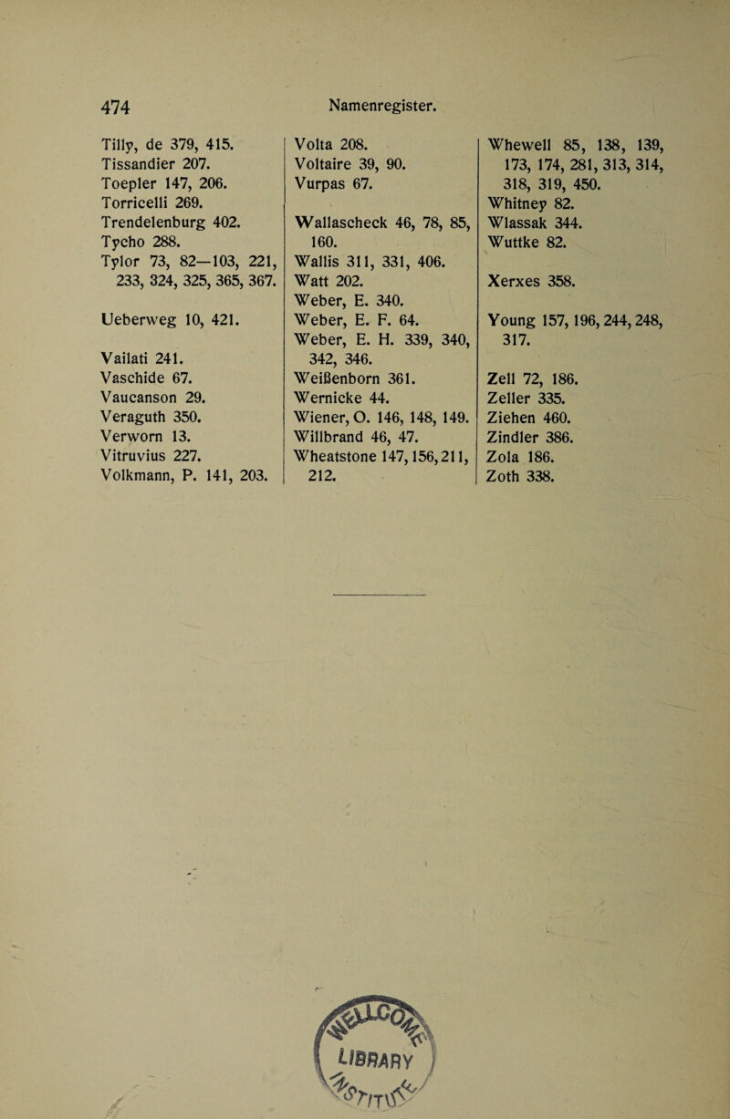 Tilly, de 379, 415. Tissandier 207. Toepler 147, 206. Torricelli 269. Trendelenburg 402. Tycho 288. Tylor 73, 82—103, 221, 233, 324, 325, 365, 367. Ueberweg 10, 421. Vailati 241. Vaschide 67. Vaucanson 29. Veraguth 350. Verworn 13. Vitruvius 227. Volkmann, P. 141, 203. Volta 208. Voltaire 39, 90. Vurpas 67. Wallascheck 46, 78, 85, 160. Wallis 311, 331, 406. Watt 202. Weber, E. 340. Weber, E. F. 64. Weber, E. H. 339, 340, 342, 346. Weißenborn 361. Wernicke 44. Wiener, O. 146, 148, 149. Willbrand 46, 47. Wheatstone 147,156,211, 212. Whewell 85, 138, 139, 173, 174,281,313,314, 318, 319, 450. Whitney 82. Wlassak 344. Wuttke 82. Xerxes 358. Young 157,196,244,248, 317. Zell 72, 186. Zeller 335. Ziehen 460. Zindler 386. Zola 186. Zoth 338.