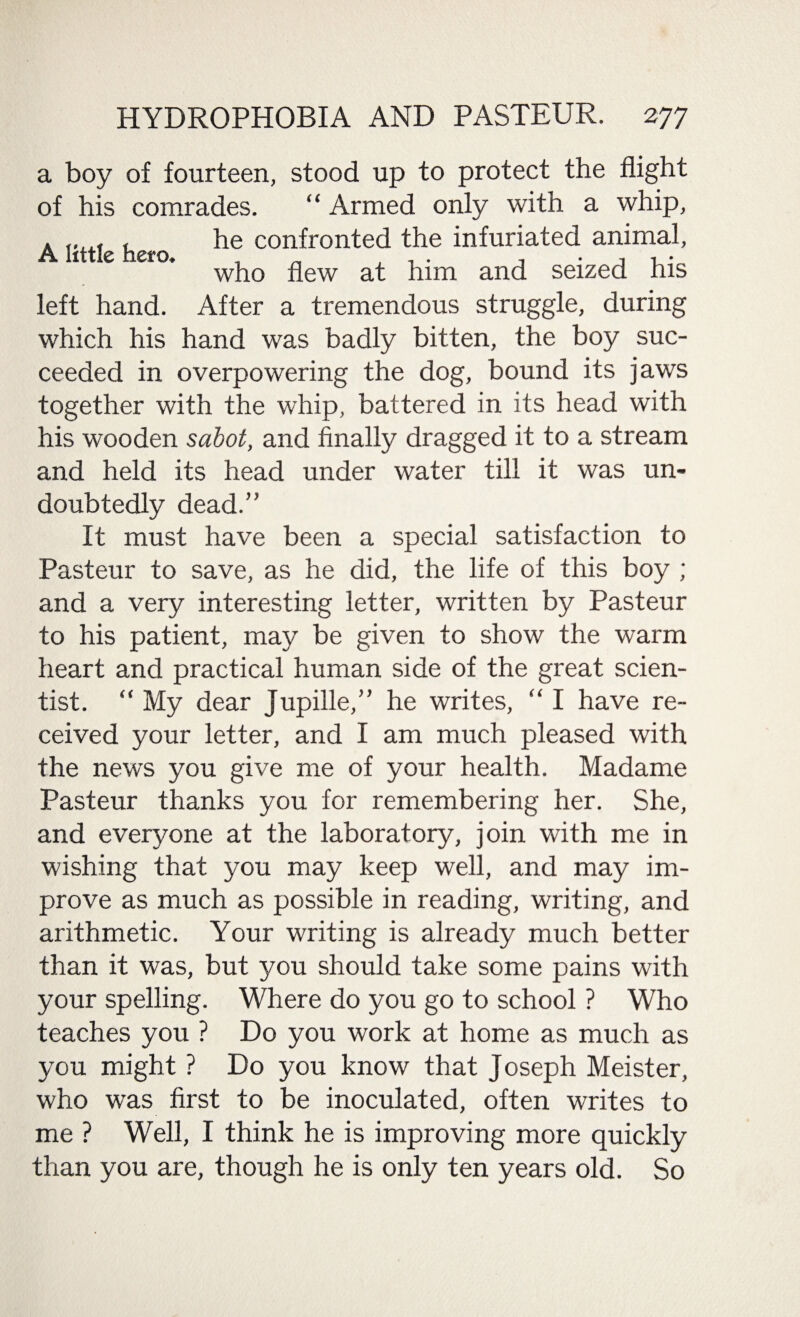 A little hero. a boy of fourteen, stood up to protect the flight of his comrades. “ Armed only with a whip, he confronted the infuriated animal, who flew at him and seized his left hand. After a tremendous struggle, during which his hand was badly bitten, the boy suc¬ ceeded in overpowering the dog, bound its jaws together with the whip, battered in its head with his wooden sabot, and finally dragged it to a stream and held its head under water till it was un¬ doubtedly dead.” It must have been a special satisfaction to Pasteur to save, as he did, the life of this boy ; and a very interesting letter, written by Pasteur to his patient, may be given to show the warm heart and practical human side of the great scien¬ tist. “ My dear Jupille,” he writes, “ I have re¬ ceived your letter, and I am much pleased with the news you give me of your health. Madame Pasteur thanks you for remembering her. She, and everyone at the laboratory, join with me in wishing that you may keep well, and may im¬ prove as much as possible in reading, writing, and arithmetic. Your writing is already much better than it was, but you should take some pains with your spelling. Where do you go to school ? Who teaches you ? Do you work at home as much as you might ? Do you know that Joseph Meister, who was first to be inoculated, often writes to me ? Well, I think he is improving more quickly than you are, though he is only ten years old. So