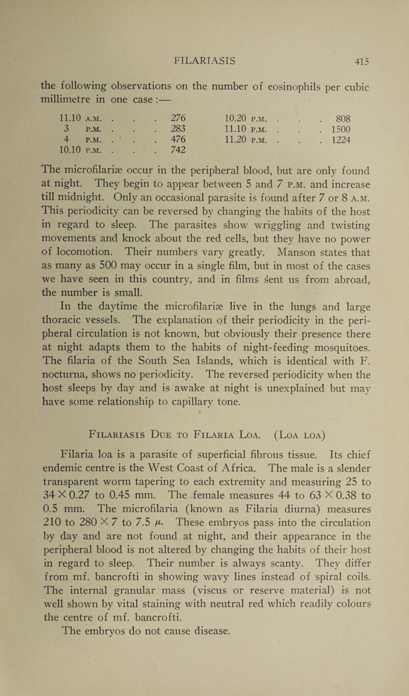 the following observations on the number of eosinophils per cubic millimetre in one case 11.10 A.M. . 276 10.20 p.m. . . 808 3 P.M. . 283 11.10 P.M. . . 1500 4 P.M. . ‘ . 476 11.20 p.m. . . 1224 10.10 P.M. . 742 The microfilarice occur in the peripheral blood, but are only found at night. They begin to appear between 5 and 7 p.m. and increase till midnight. Only an occasional parasite is found after 7 or 8 a.m. This periodicity can be reversed by changing the habits of the host in regard to sleep. The parasites show wriggling and twisting movements and knock about the red cells, but they have no power of locomotion. Their numbers vary greatly. Manson states that as many as 500 may occur in a single film, but in most of the cases we have seen in this country, and in films sent us from abroad, the number is small. In the daytime the microfilariae live in the lungs and large thoracic vessels. The explanation of their periodicity in the peri¬ pheral circulation is not known, but obviously their presence there at night adapts them to the habits of night-feeding mosquitoes. The filaria of the South Sea Islands, which is identical with F. nocturna, shows no periodicity. The reversed periodicity when the host sleeps by day and is awake at night is unexplained but may have some relationship to capillary tone. Filariasis Due to Filaria Loa. (Loa loa) Filaria loa is a parasite of superficial fibrous tissue. Its chief endemic centre is the West Coast of Africa. The male is a slender transparent worm tapering to each extremity and measuring 25 to 34 X 0.27 to 0.45 mm. The female measures 44 to 63 X 0.38 to 0.5 mm. The microfilaria (known as Filaria diurna) measures 210 to 280 X 7 to 7.5 fi. These embryos pass into the circulation by day and are not found at night, and their appearance in the peripheral blood is not altered by changing the habits of their host in regard to sleep. Their number is always scanty. They differ from mf. bancrofti in showing wavy lines instead of spiral coils. The internal granular mass (viscus or reserve material) is not well shown by vital staining with neutral red which readily colours the centre of mf. bancrofti. The embryos do not cause disease.