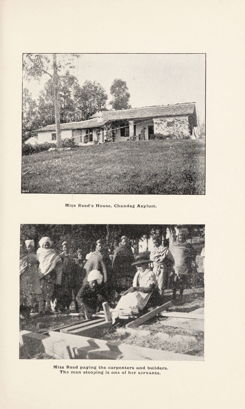 Miss Reed's House, Chandag Asylum. Miss Reed paying the carpenters and builders The man stooping is one of her servants.