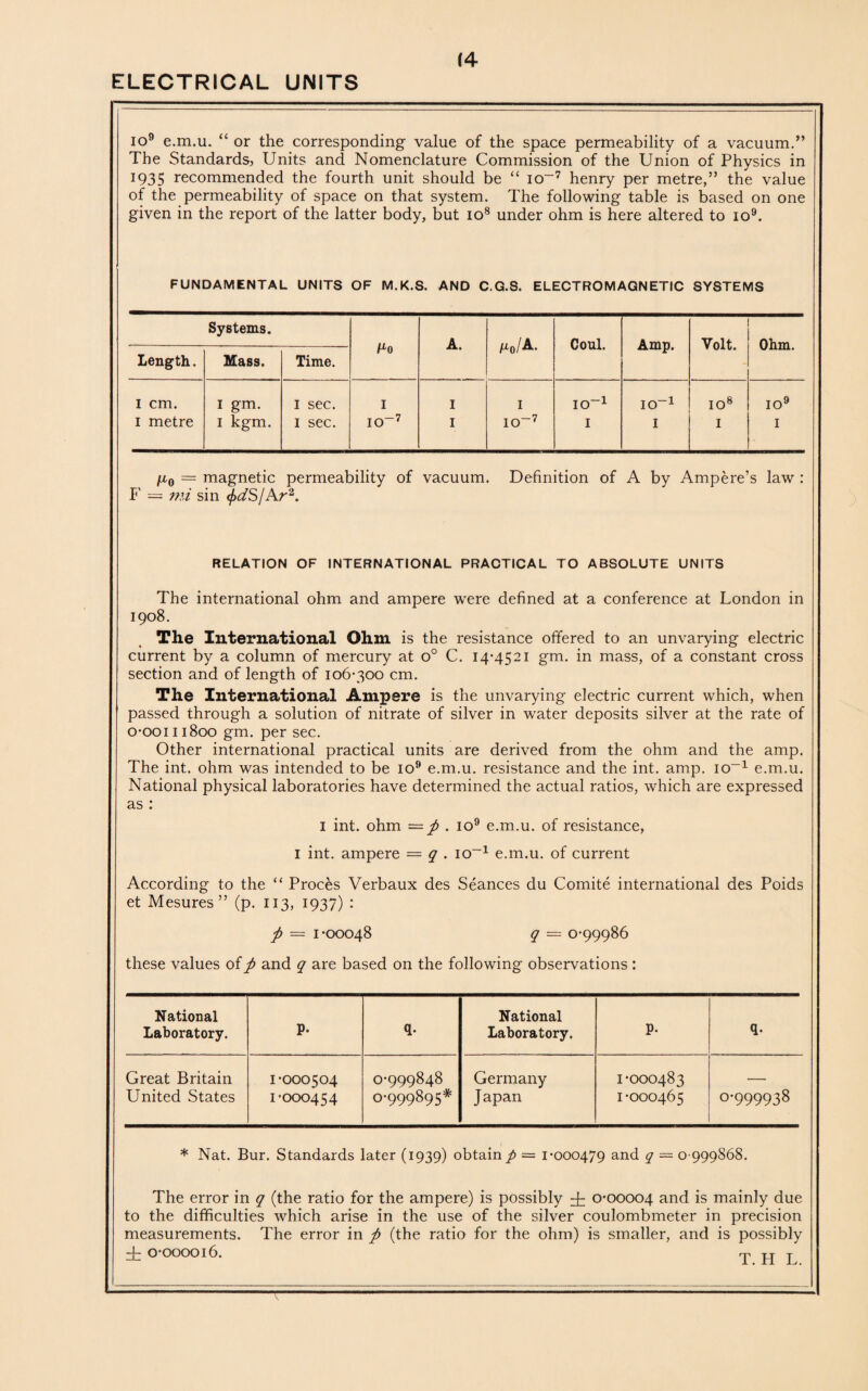 io9 e.m.u. “ or the corresponding value of the space permeability of a vacuum.” The Standards, Units and Nomenclature Commission of the Union of Physics in 1935 recommended the fourth unit should be “ io-7 henry per metre,” the value of the permeability of space on that system. The following table is based on one given in the report of the latter body, but io8 under ohm is here altered to io9. FUNDAMENTAL UNITS OF M.K.S. AND C.G.S. ELECTROMAGNETIC SYSTEMS Systems. Vo A. /r0/A. Coul. Amp. Volt. Ohm. length. Mass. Time. 1 cm. 1 gm. 1 sec. I I I IO-1 IO-1 O 00 IO9 1 metre 1 kgm. 1 sec. IO-7 I IO-7 I I I 1 — magnetic permeability of vacuum. Definition of A by Ampere’s law : F = mi sin pdS/Ar2. RELATION OF INTERNATIONAL PRACTICAL TO ABSOLUTE UNITS The international ohm and ampere were defined at a conference at London in 1908. The International Ohm is the resistance offered to an unvarying electric current by a column of mercury at o° C. 14-4521 gm. in mass, of a constant cross section and of length of 106-300 cm. The International Ampere is the unvarying electric current which, when passed through a solution of nitrate of silver in water deposits silver at the rate of 0-00111800 gm. per sec. Other international practical units are derived from the ohm and the amp. The int. ohm was intended to be io9 e.m.u. resistance and the int. amp. io-1 e.m.u. National physical laboratories have determined the actual ratios, which are expressed as : 1 int. ohm = p . io9 e.m.u. of resistance, I int. ampere — q . io-1 e.m.u. of current According to the “ Proces Verbaux des Seances du Comite international des Poids et Mesures” (p. 113, 1937) : p = 1-00048 q = 0-99986 these values offi and q are based on the following observations : National National Laboratory. P- q- Laboratory. P- q- Great Britain 1-000504 0-999848 Germany 1-000483 — United States 1-000454 0-999895* Japan 1-000465 0-999938 * Nat. Bur. Standards later (1939) obtain p = 1-000479 and q — 0 999868. The error in q (the ratio for the ampere) is possibly d: 0-00004 and is mainly due to the difficulties which arise in the use of the silver coulombmeter in precision measurements. The error in p (the ratio for the ohm) is smaller, and is possibly —f— O'OOOO I 6. rp TT y T