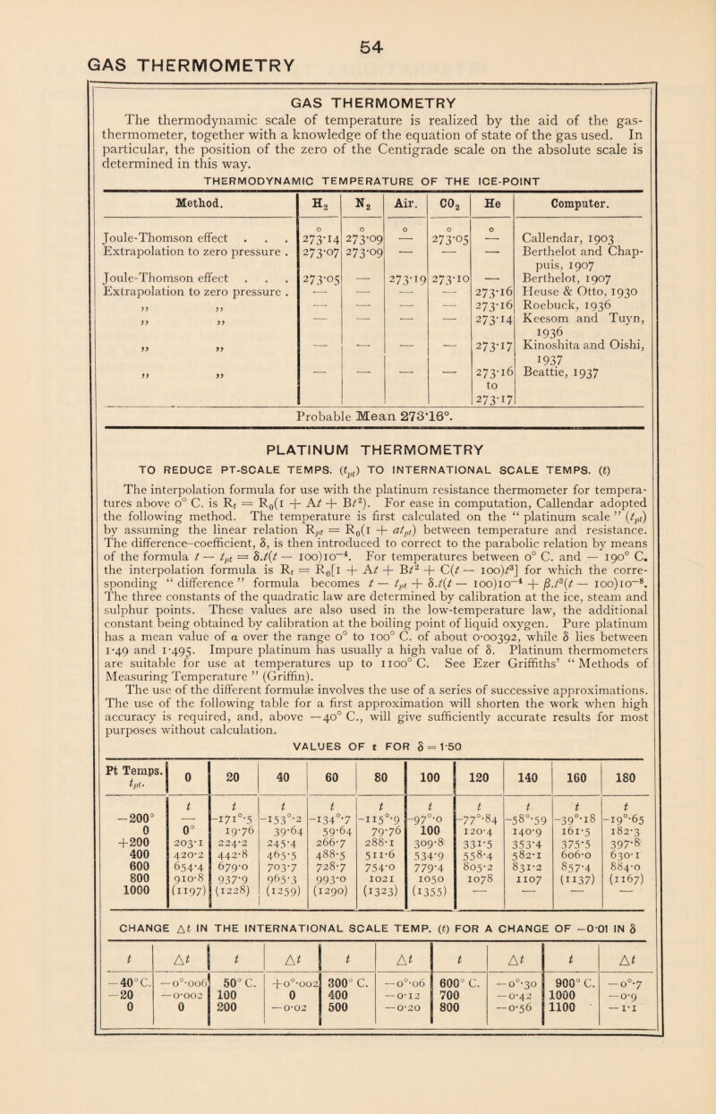 GAS THERMOMETRY GAS THERMOMETRY The thermodynamic scale of temperature is realized by the aid of the gas- thermometer, together with a knowledge of the equation of state of the gas used. In particular, the position of the zero of the Centigrade scale on the absolute scale is determined in this way. THERMODYNAMIC TEMPERATURE OF THE ICE-POINT Method. h2 N2 Air. C02 He Computer. O 0 O O O Joule-Thomson efiect 273-14 273-09 — 273-05 — Callendar, 1903 Extrapolation to zero pressure . 273-07 273-09 ■ • -- ■ Berthelot and Chap- puis, 1907 Joule-Thomson efiect 273-05 — 273-19 273-10 —• Berthelot, 1907 Extrapolation to zero pressure . *—■ -—- -—■ -—- 273-16 Reuse & Otto, 1930 -—- ■—- -—- — 273-16 Roebuck, 1936 --- --- — -- 273-14 Keesom and Tuyn, 1936 *- — *-* 273-17 Kinoshita and Oishi, 1937 273-16 to 273‘17 Beattie, 1937 Probable Mean 273T6°. PLATINUM THERMOMETRY TO REDUCE PT-SCALE TEMPS. (tpl) TO INTERNATIONAL SCALE TEMPS, (t) The interpolation formula for use with the platinum resistance thermometer for tempera¬ tures above o° C. is — R0(I + A^ + B72). For ease in computation, Callendar adopted the following method. The temperature is first calculated on the “ platinum scale ” (tpt) by assuming the linear relation Rpt — R0(i + «+) between temperature and resistance. The difference-coefficient, 8, is then introduced to correct to the parabolic relation by means of the formula t — tpt — 8.t(t — ioo)io-4. For temperatures between o° C. and — 190° C. the interpolation formula is R« = R0[i + At + Bt2 + C(t — ioo)2f3] for which the corre¬ sponding “ difference” formula becomes t— tpt + 8.i(t— ioo)io-4 + j8.t3(t— ioo)io~8. The three constants of the quadratic law are determined by calibration at the ice, steam and sulphur points. These values are also used in the low-temperature law, the additional constant being obtained by calibration at the boiling point of liquid oxygen. Pure platinum has a mean value of a over the range o° to ioo° C. of about 0-00392, while 8 lies between 1-49 and 1-495. Impure platinum has usually a high value of 8. Platinum thermometers are suitable for use at temperatures up to noo°C. See Ezer Griffiths’ “Methods of Measuring Temperature ” (Griffin). The use of the different formulae involves the use of a series of successive approximations. The use of the following table for a first approximation will shorten the work when high accuracy is required, and, above —40° C., will give sufficiently accurate results for most purposes without calculation. VALUES OF t FOR 3 = 150 Pt Temps. tpt• 0 20 40 60 80 100 120 140 160 180 t t t t t t t t t t -200° ■—■ -I7i°*5 -i53°*2 -134 °*7 -ii5°*9 -9 7°*o -77°* 84 -58°-59 -39°*i8 -i9°*65 0 0° 19-76 39*64 59*64 79-76 100 120-4 140-9 161-5 182-3 +200 203-1 224-2 245*4 266-7 288-1 309-8 33i*5 353*4 375*5 397-8 400 420-2 442-8 465*5 488-5 511-6 534*9 558-4 582-1 6o6-o 630-1 600 654*4 679-0 703-7 728-7 754*o 779*4 805-2 831-2 857*4 884-0 800 910-8 I 937*9 965*3 993-0 1021 1050 1078 1107 (1137) (1x67) 1000 (1197) (1228) (1259) (1290) (1323) (i355) *-- T CHANGE At IN THE INTERNATIONAL SCALE TEMP, (t) FOR A CHANGE OF -O’OI IN 8 t At t > t At t > r+. t At — 40°C. — o°-oo6 50° C. + 0°-002 800° C. 1 0 0 6 600° C. — o°-3o 900° C. —o°-7 -20 — 0-002 100 0 400 — 0-12 700 — 0-42 1000 — 0-9 0 0 200 — 0-02 500 — 0-20 800 — 0-56 1100 * — i-i