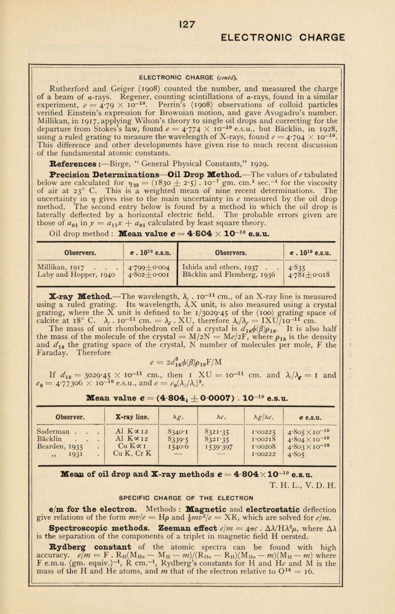 ELECTRONIC CHARGE ELECTRONIC CHARGE (contd). t '• * ’ Rutherford and Geiger (1908) counted the number, and measured the charge of a beam of a-rays. Regener, counting scintillations of a-rays, found in a similar experiment, e = 479 X io-10. Perrin’s (1908) observations of colloid particles verified Einstein’s expression for Brownian motion, and gave Avogadro’s number. Millikan, in 1917, applying Wilson’s theory to single oil drops and correcting for the departure from Stokes’s law, found e — 4774 X io-10 e.s.u., but Backlin, in 1928, using a ruled grating to measure the wavelength of X-rays, found e = 4794 X io-10. This difference and other developments have given rise to much recent discussion of the fundamental atomic constants. References:—Birge, “ General Physical Constants,” 1929. Precision Determinations—Oil Drop Method.—The values of e tabulated below are calculated for 7/23 = (1830 zL 2*5) . io-7 gm. cm.1 sec.-1 for the viscosity of air at 230 C. This is a weighted mean of nine recent determinations. The uncertainty in 17 gives rise to the main uncertainty in e measured by the oil drop method. The second entry below is found by a method in which the oil drop is laterally deflected by a horizontal electric field. The probable errors given are those of a01 in y — alxx -j- a01 calculated by least square theory. Oil drop method : Mean value e = 4-804 X 10-10 e.s.u. Observers. e . IO10 e.s.u. Observers. e . IO10 e.s.u. Millikan, 1917 4799±0'004 Ishida and others, 1937 . 4-835 Laby and Hopper, 1940 4-8023^0-001 Backlin and Flernberg, 1936 4-781^0-018 X-ray Method.—The wavelength, A„ . io-11 cm., of an X-ray line is measured using a ruled grating. Its wavelength, AfX unit, is also measured using a crystal grating, where the X unit is defined to be 1/3029-45 of the (100) grating space of calcite at 180 C. Xc. io-11 cm. = A^. XU, therefore Xc/X^ = IXU/10-11 cm. The mass of unit rhombohedron cell of a crystal is d18<f>(P)p18. It is also half the mass of the molecule of the crystal = M/2N — M*?/2F, where p18 is the density and d18 the grating space of the crystal, N number of molecules per mole, F the Faraday. Therefore e — 2<f18</>(/3)p18F/M If d18 = 3029-45 X io-11 cm., then 1 XU = io-11 cm. and XJX£ = 1 and e0 — 4-77306 X io-10 e.s.u., and e — e0(X,-/Xc)s. Mean value e = (4-8044 di 0-0007) . IO-10 e.s.u. Observer. X-ray line. Ac. \gl\C. e e.s.u. Soderman . Backlin Bearden, 1935 „ 1931 A1 Koc 12 A1 Koc 12 Cu Koc 1 Cu K, Cr K 8340-1 8339-5 1540-6 832I-35 832I-35 1539-397 1-00225 I-00218 I -00208 1-00222 4-805 X io-10 4-804 X io-10 4-803 X io-10 4-805 Mean of oil drop and X-ray methods e = 4-804x IO-10 e.s.u. T. H. L., V. D. H. SPECIFIC CHARGE OF THE ELECTRON e/m for the electron. Methods : Magnetic and electrostatic deflection give relations of the form mvje = Hp and ^mv^je = XR, which are solved for ejm. Spectroscopic methods. Zeeman effect ejm = 4rrc. AA/HAV> where AA is the separation of the components of a triplet in magnetic field H oersted. Rydberg constant of the atomic spectra can be found with high accuracy, ejm = F . RH(MHe — MH — m)j{RHe — RH)(MHe — m){MH — m) where F e.m.u. (gm. equiv.)-1, R cm.-1, Rydberg’s constants for H and He and M is the mass of the H and He atoms, and m that of the electron relative to O16 = 16.