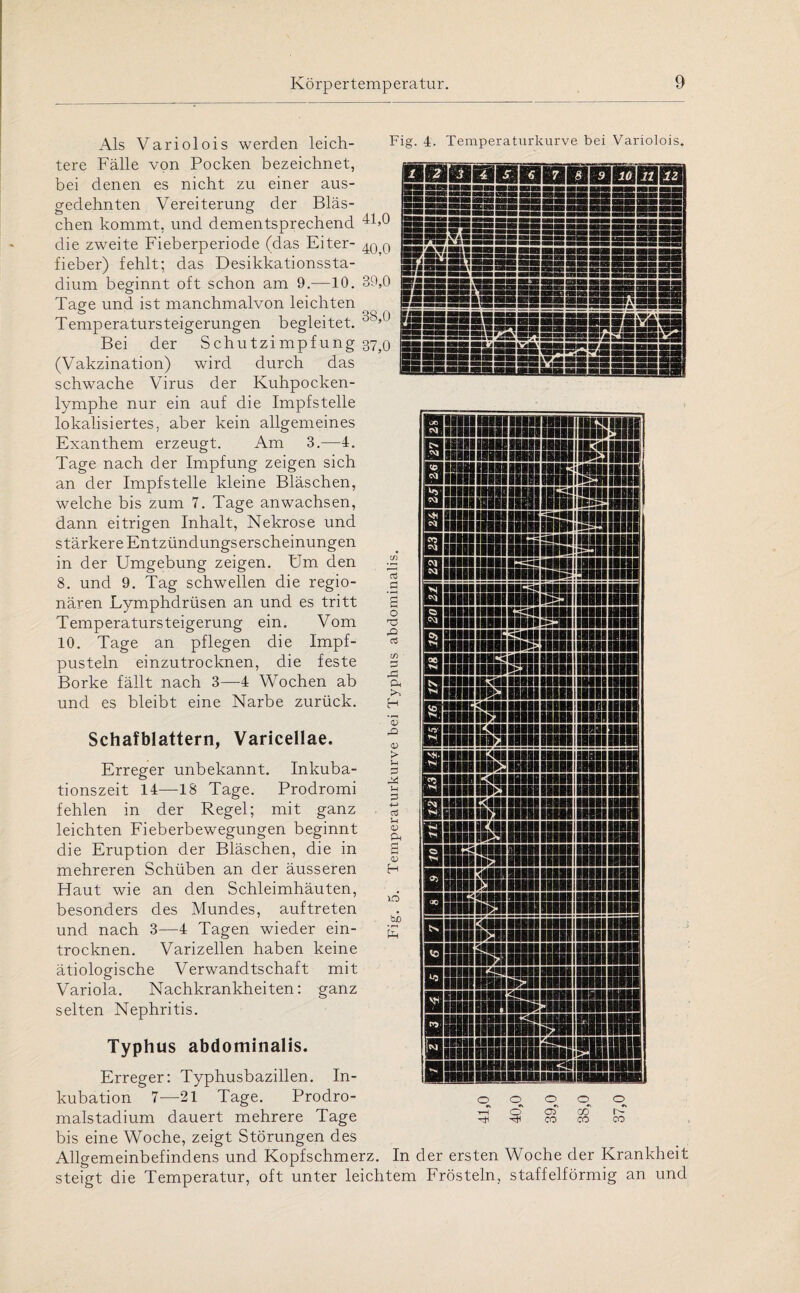 Als Variolois werden leich¬ tere Fälle von Pocken bezeichnet, bei denen es nicht zu einer aus¬ gedehnten Vereiterung der Bläs¬ chen kommt, und dementsprechend 41,0 die zweite Fieberperiode (das Eiter- q fieber) fehlt; das Desikkationssta- dium beginnt oft schon am 9.—10. 39,0 Tage und ist manchmalvon leichten o # . OQ Temperatursteigerungen begleitet. °c’ Bei der Schutzimpfung 37^ (Vakzination) wird durch das schwache Virus der Kuhpocken¬ lymphe nur ein auf die Impfstelle lokalisiertes, aber kein allgemeines Exanthem erzeugt. Am 3.—4. Tage nach der Impfung zeigen sich an der Impfstelle kleine Bläschen, welche bis zum 7. Tage an wachsen, dann eitrigen Inhalt, Nekrose und stärkere Entzündungserscheinungen in der Umgebung zeigen. Um den ■} 8. und 9. Tag schwellen die regio¬ nären Lymphdrüsen an und es tritt Temperatursteigerung ein. Vom 10. Tage an pflegen die Impf¬ pusteln einzutrocknen, die feste Borke fällt nach 3—4 Wochen ab und es bleibt eine Narbe zurück. 'ig. 4. Temperaturkurve bei Variolois. HIHBBnpmiBPMWBI s o Xi a in 2 X\ O* H Xi a> > 3 u 3 masmmmi | ill!31»4II ISIS» IIRBB IBIII1 i lllll IIIH BMI BKIIBIBI1II iiimusmihi «IHM III Hill Rim »iiiimim <u H 10 bo E KllllBEI32llgllil8III^^H i hi:? loiei Hin ihm i huiiifl lillll li'II Hill lilll I Hill HBI BhüI 51181 lllll Hill I HIHI Ilill ■III R£lll lllll lllll i HUB lllll «ggmmmmmmmmm liüücliii iü ii iiüi i iiiii iiü| IIIHIIIS1I lllll IHM I lllll llj hÜHaimiiiiiiHiiSilii—i Schafblattern, Varicellae. Erreger unbekannt. Inkuba¬ tionszeit 14—18 Tage. Prodromi fehlen in der Regel; mit ganz leichten Fieberbewegungen beginnt die Eruption der Bläschen, die in mehreren Schüben an der äusseren Haut wie an den Schleimhäuten, besonders des Mundes, auftreten und nach 3—4 Tagen wieder ein¬ trocknen. Varizellen haben keine ätiologische Verwandtschaft mit Variola. Nachkrankheiten: ganz selten Nephritis. Typhus abdominalis. Erreger: Typhusbazillen. In¬ kubation 7—21 Tage. Prodro¬ malstadium dauert mehrere Tage bis eine Woche, zeigt Störungen des Allgemeinbefindens und Kopfschmerz. In der ersten Woche der Krankheit steigt die Temperatur, oft unter leichtem Frösteln, staffelförmig an und pliälsiM s|p ilüiiia ESBisiiis «■HSMÜHHI I um 11111 i:säi iiiii 1 um Ulli 1 lllll lllll lllll *£2111 lllll lllll I lllll IIIIC £«119 lllll I HUB UM Mil lllll IBIS lllll I iiiii ml HICs Hill lllll I lllll lllll ■iiiiHsaiiiiiiBiiiiiiinii in iiiBsaiiniiuiiiiiHiEiiaii in bi aissinuiiiiii 1 iiiii iiiii iE äiSil lllll IHH! MSI lllll HIICII lllll lllll IIIB9R Hill IB IIKIHHHIHIIIIIIBSQIflgliI HlilEilisliSflHIH IliSiiliiEiülSS in!! üliiilllS II O O) CO CO CO CO