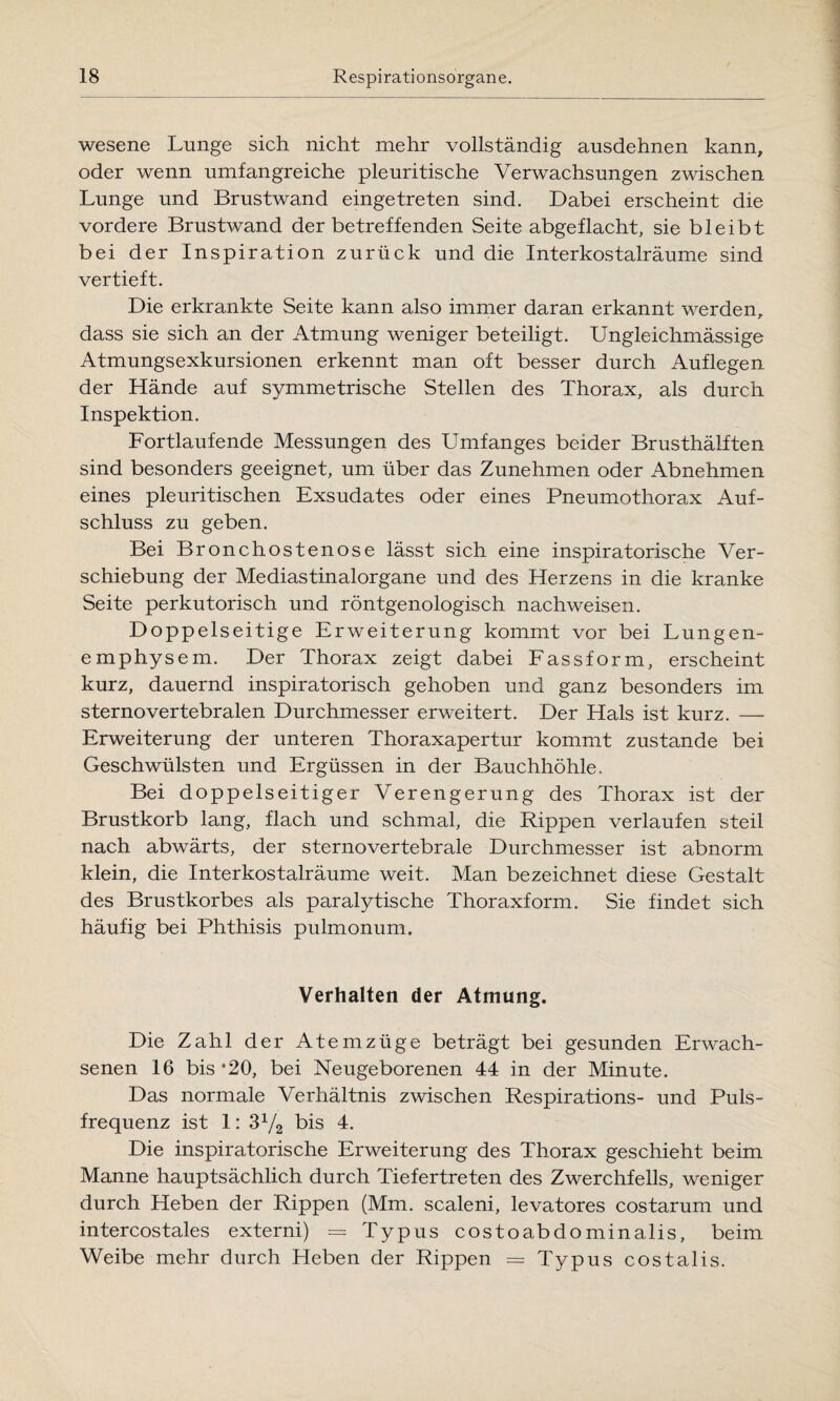 wesene Lunge sich nicht mehr vollständig ausdehnen kann, oder wenn umfangreiche pleuritische Verwachsungen zwischen Lunge und Brustwand eingetreten sind. Dabei erscheint die vordere Brustwand der betreffenden Seite abgeflacht, sie bleibt bei der Inspiration zurück und die Interkostalräume sind vertieft. Die erkrankte Seite kann also immer daran erkannt werden, dass sie sich an der Atmung weniger beteiligt. Ungleichmässige Atmungsexkursionen erkennt man oft besser durch Auflegen der Hände auf symmetrische Stellen des Thorax, als durch Inspektion. Fortlaufende Messungen des Umfanges beider Brusthälften sind besonders geeignet, um über das Zunehmen oder Abnehmen eines pleuritischen Exsudates oder eines Pneumothorax Auf¬ schluss zu geben. Bei Bronchostenose lässt sich eine inspiratorische Ver¬ schiebung der Mediastinalorgane und des Herzens in die kranke Seite perkutorisch und röntgenologisch nachweisen. Doppelseitige Erweiterung kommt vor bei Lungen¬ emphysem. Der Thorax zeigt dabei Fassform, erscheint kurz, dauernd inspiratorisch gehoben und ganz besonders im sternovertebralen Durchmesser erweitert. Der Hals ist kurz. — Erweiterung der unteren Thoraxapertur kommt zustande bei Geschwülsten und Ergüssen in der Bauchhöhle. Bei doppelseitiger Verengerung des Thorax ist der Brustkorb lang, flach und schmal, die Rippen verlaufen steil nach abwärts, der sternovertebrale Durchmesser ist abnorm klein, die Interkostalräume weit. Man bezeichnet diese Gestalt des Brustkorbes als paralytische Thoraxform. Sie findet sich häufig bei Phthisis pulmonum. Verhalten der Atmung. Die Zahl der Atemzüge beträgt bei gesunden Erwach¬ senen 16 bis *20, bei Neugeborenen 44 in der Minute. Das normale Verhältnis zwischen Respirations- und Puls¬ frequenz ist 1: 3V2 bis 4. Die inspiratorische Erweiterung des Thorax geschieht beim Manne hauptsächlich durch Tiefertreten des Zwerchfells, weniger durch Heben der Rippen (Mm. scaleni, levatores costarum und intercostales externi) = Typus costoabdominalis, beim Weibe mehr durch Heben der Rippen = Typus costalis.