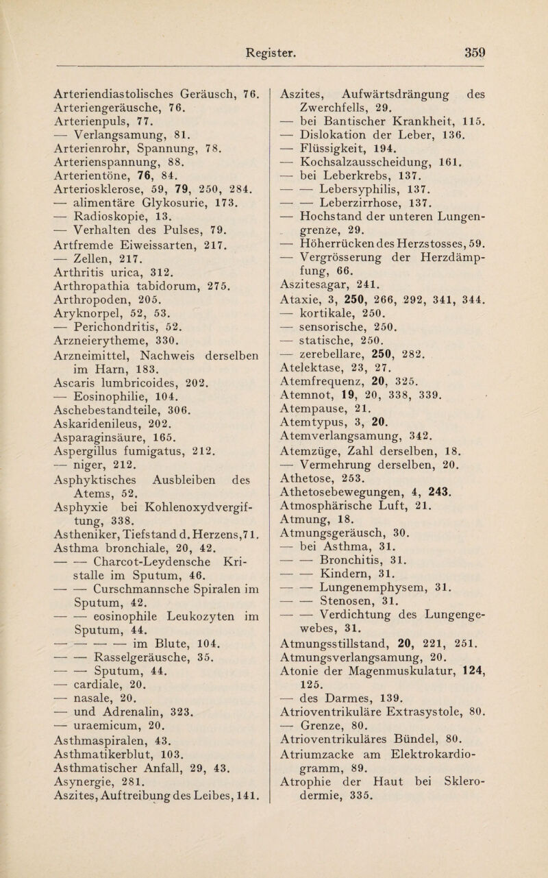 Arteriendiastolisches Geräusch, 76. Arteriengeräusche, 76. Arterienpuls, 77. — Verlangsamung, 81. Arterienrohr, Spannung, 78. Arterienspannung, 88. Arterientöne, 76, 84. Arteriosklerose, 59, 79, 250, 284. — alimentäre Glykosurie, 173. — Radioskopie, 13. — Verhalten des Pulses, 79. Artfremde Eiweissarten, 217. — Zellen, 217. Arthritis urica, 312. Arthropathia tabidorum, 275. Arthropoden, 205. Aryknorpel, 52, 53. — Perichondritis, 52. Arzneierytheme, 330. Arzneimittel, Nachweis derselben im Harn, 183. Ascaris lumbricoides, 202. — Eosinophilie, 104. Aschebestandteile, 306. Askaridenileus, 202. Asparaginsäure, 165. Aspergillus fumigatus, 212. — niger, 212. Asphyktisches Ausbleiben des Atems, 52. Asphyxie bei Kohlenoxydvergif¬ tung, 338. Astheniker, Tiefstand d. Herzens,71. Asthma bronchiale, 20, 42. -Charcot-Leydensche Kri¬ stalle im Sputum, 46. -Curschmannsche Spiralen im Sputum, 42. -eosinophile Leukozyten im Sputum, 44. -im Blute, 104. -Rasselgeräusche, 35. -Sputum, 44. — cardiale, 20. — nasale, 20. — und Adrenalin, 323. — uraemicum, 20. Asthmaspiralen, 43. Asthmatikerblut, 103. Asthmatischer Anfall, 29, 43. Asynergie, 281. Aszites, Auftreibung des Leibes, 141. Aszites, Aufwärtsdrängung des Zwerchfells, 29. — bei Bantischer Krankheit, 115. — Dislokation der Leber, 136. — Flüssigkeit, 194. —- Kochsalzausscheidung, 161. — bei Leberkrebs, 137. — — Lebersyphilis, 137. — — Leberzirrhose, 137. — Hochstand der unteren Lungen¬ grenze, 29. — Höherrücken des Herzstosses, 59. — Vergrösserung der Herzdämp¬ fung, 66. Aszitesagar, 241. Ataxie, 3, 250, 266, 292, 341, 344. — kortikale, 250. — sensorische, 250. — statische, 250. — zerebellare, 250, 282. Atelektase, 23, 27. Atemfrequenz, 20, 325. Atemnot, 19, 20, 338, 339. Atempause, 21. Atemtypus, 3, 20. Atemverlangsamung, 342. Atemzüge, Zahl derselben, 18. — Vermehrung derselben, 20. Athetose, 253. Athetosebewegungen, 4, 243. Atmosphärische Luft, 21. Atmung, 18. Atmungsgeräusch, 30. — bei Asthma, 31. — — Bronchitis, 31. -Kindern, 31. — — Lungenemphysem, 31. - Stenosen, 31. — — Verdichtung des Lungenge¬ webes, 31. Atmungsstillstand, 20, 221, 251. Atmungsverlangsamung, 20. Atonie der Magenmuskulatur, 124, 125. — des Darmes, 139. Atrioventrikuläre Extrasystole, 80. — Grenze, 80. Atrioventrikuläres Bündel, 80. Atriumzacke am Elektrokardio¬ gramm, 89. Atrophie der Haut bei Sklero¬ dermie, 335.