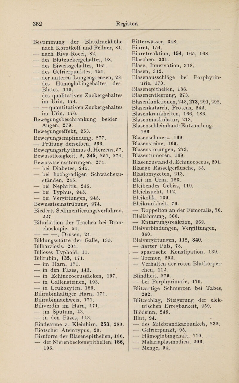 Bestimmung der Biutdruckhöhe nach Korotkoff und Fellner, 84. — nach Riva-Rocci, 82. — des Blutzuckergehaltes, 98. — des Eiweissgehaltes, 195. —- des Gefrierpunktes, 151. — der unteren Lungengrenzen, 28. — des Hämoglobingehaltes des Blutes, 110. — des qualitativen Zuckergehaltes im Urin, 174. -quantitativen Zuckergehaltes im Urin, 176. Bewegungsbeschränkung beider Augen, 279. Bewegungseffekt, 253. Bewegungsempfindung, 277. — Prüfung derselben, 266. Bewegungsrhythmus d. Herzens, 57. Bewusstlosigkeit, 2, 245, 251, 274. Bewusstseinsstörungen, 274. — bei Diabetes, 245. — bei hochgradigen Schwächezu¬ ständen, 245. — bei Nephritis, 245. —- bei Typhus, 245. -—- bei Vergiftungen, 245. Bewusstseinstrübung, 274. Biederts Sedimentierungsverfahren, 227. Bifurkation der Trachea bei Bron¬ choskopie, 54. — -, Drüsen, 24. Bildungsstätte der Galle, 135. Bilharziosis, 204. Biliöses Typhoid, 11. Bilirubin, 135, 171. — im Harn, 171. — in den Fäzes, 143. — in Echinococcussäcken, 197. — in Gallensteinen, 193, — in Leukozyten, 185. Bilirubinhaltiger Harn, 171. Bilirubinnachweis, 171. Biliverdin im Harn, 171. — im Sputum, 43. — in den Fäzes, 143. Bindearme z. Kleinhirn, 253, 280. Biotscher Atemtypus, 20. Birnform der Blasenepithelien, 186. — der Nierenbeckenepithelien, 186, 196. Bitterwässer, 348. Biuret, 154. Biuretreaktion, 154, 165, 168. Bläschen, 331. Blase, Innervation, 318. Blasen, 312. Blasenausschläge bei Porphyrin¬ urie, 170. Blasenepithelien, 186. Blasenentleerung, 273. Blasenfunktionen, 248,273,291,292. Blasenkatarrh, Proteus, 242. Blasenkrankheiten, 166, 186. Blasenmuskulatur, 273. Blasenschleimhaut-Entzündung, 186. Blasenschmerz, 169. Blasensteine, 169. Blasenstörungen, 273. Blasen tumoren, 169. Blasenzustand d. Echinococcus, 201. Blasige Rasselgeräusche,- 35. Blastomyzeten, 213. Blei im Urin, 183. Bleibendes Gebiss, 119. Bleichsucht, 112. Bleikolik, 139. Bleikrankheit, 76. — Doppelton an der Femoralis, 76. Bleilähmung, 300. — Entartungsreaktion, 262. Bleiverbindungen, Vergiftungen, 340. Bleivergiftungen, 112, 340. — harter Puls, 78. — spastische Konstipation, 139. — Tremor, 252. — Verhalten der roten Blutkörper¬ chen, 112. Blindheit, 279. — bei Porphyrinurie, 170. Blitzartige Schmerzen bei Tabes, 292. Blitzschlag, Steigerung der elek¬ trischen Erregbarkeit, 259. Blödsinn, 245. Blut, 94. — des Milzbrandkarbunkels, 232. — Gefrierpunkt, 95. — Hämoglobingehalt, 110. — Malariaplasmodien, 206. — Menge, 94.