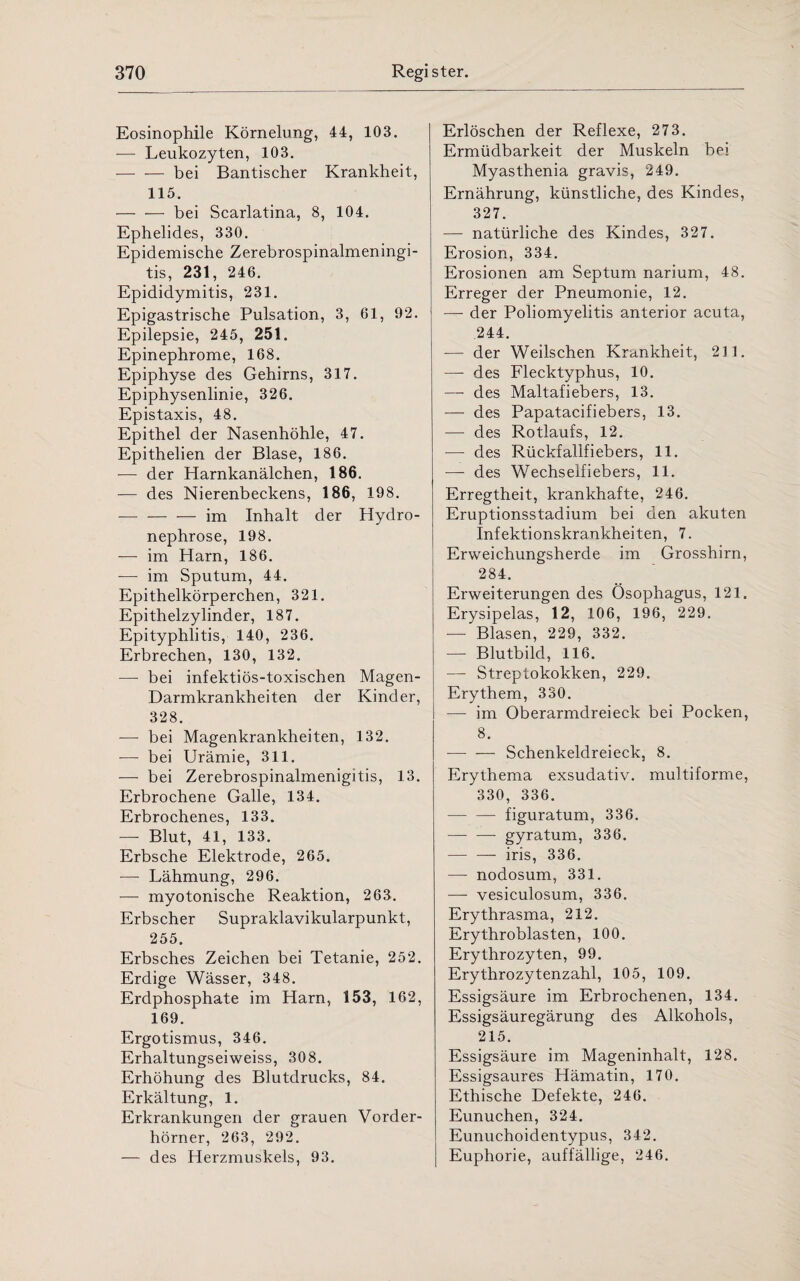 Eosinophile Körnelung, 44, 103. — Leukozyten, 103. -bei Bantischer Krankheit, 115. -bei Scarlatina, 8, 104. Ephelides, 330. Epidemische Zerebrospinalmeningi- tis, 231, 246. Epididymitis, 231. Epigastrische Pulsation, 3, 61, 92. Epilepsie, 245, 251. Epinephrome, 168. Epiphyse des Gehirns, 317. Epiphysenlinie, 326. Epistaxis, 48. Epithel der Nasenhöhle, 47. Epithelien der Blase, 186. -— der Harnkanälchen, 186. — des Nierenbeckens, 186, 198. -—-im Inhalt der Hydro- nephrose, 198. -— im Harn, 186. — im Sputum, 44. Epithelkörperchen, 321. Epithelzylinder, 187. Epityphlitis, 140, 236. Erbrechen, 130, 132. —- bei infektiös-toxischen Magen- Darmkrankheiten der Kinder, 328. ■—- bei Magenkrankheiten, 132. — bei Urämie, 311. — bei Zerebrospinalmenigitis, 13. Erbrochene Galle, 134. Erbrochenes, 133. — Blut, 41, 133. Erbsche Elektrode, 265. — Lähmung, 296. — myotonische Reaktion, 263. Erbscher Supraklavikularpunkt, 255. Erbsches Zeichen bei Tetanie, 252. Erdige Wässer, 348. Erdphosphate im Harn, 153, 162, 169. Ergotismus, 346. Erhaltungseiweiss, 308. Erhöhung des Blutdrucks, 84. Erkältung, 1. Erkrankungen der grauen Vorder¬ hörner, 263, 292. — des Herzmuskels, 93. Erlöschen der Reflexe, 273. Ermüdbarkeit der Muskeln bei Myasthenia gravis, 249. Ernährung, künstliche, des Kindes, 327. — natürliche des Kindes, 327. Erosion, 334. Erosionen am Septum narium, 48. Erreger der Pneumonie, 12. —- der Poliomyelitis anterior acuta, 244. — der Weilschen Krankheit, 211. —- des Flecktyphus, 10. —- des Maltafiebers, 13. — des Papatacifiebers, 13. —- des Rotlaufs, 12. — des Rückfallfiebers, 11. — des Wechselfiebers, 11. Erregtheit, krankhafte, 246. Eruptionsstadium bei den akuten Infektionskrankheiten, 7. Erweichungsherde im Grosshirn, 284. Erweiterungen des Ösophagus, 121. Erysipelas, 12, 106, 196, 229. — Blasen, 229, 332. -— Blutbild, 116. — Streptokokken, 229. Erythem, 330. — im Oberarmdreieck bei Pocken, 8. -—- — Schenkeldreieck, 8. Erythema exsudativ, multiforme, 330, 336. -figuratum, 336. -gyratum, 336. -- iris, 336. — nodosum, 331. ■—- vesiculosum, 336. Erythrasma, 212. Erythroblasten, 100. Erythrozyten, 99. Erythrozytenzahl, 105, 109. Essigsäure im Erbrochenen, 134. Essigsäuregärung des Alkohols, 215. Essigsäure im Mageninhalt, 128. Essigsaures Hämatin, 170. Ethische Defekte, 246. Eunuchen, 324. Eunuchoidentypus, 342. Euphorie, auffällige, 246.