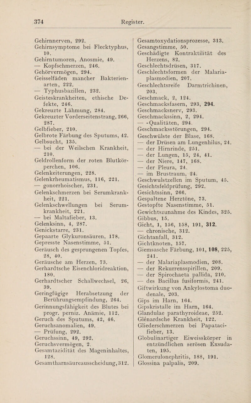 o Gehirnnerven, 292. Gehirnsymptome bei Flecktyphus, 10. Gehirntumoren, Anosmie, 49. — Kopfschmerzen, 246. Gehörvermögen, 294. Geisselfäden mancher Bakterien¬ arten, 222. — Typhusbazillen, 232. Geisteskrankheiten, ethische De¬ fekte, 246. Gekreuzte Lähmung, 284. Gekreuzter Vorderseitenstrang, 266, 287. Gelbfieber, 210. Gelbrote Färbung des Sputums, 42. Gelbsucht, 135. — bei der Weilschen Krankheit, 210. Geldrollenform der roten Blutkör¬ perchen, 106. Gelenkeiterungen, 228. Gelenkrheumatismus, 116, 221. — gonorrhoischer, 231. Gelenkschmerzen bei Serumkrank¬ heit, 221. Gelenkschwellungen bei Serum¬ krankheit, 221. — bei Maltafieber, 13. Gelenksinn, 4, 287. Genickstarre, 231. Gepaarte Glykuronsäuren, 178. Gepresste Nasenstimme, 51. Geräusch des gesprungenen Topfes, 28, 40. Geräusche am Herzen, 73. Gerhardtsche Eisenchloridreaktion, 180. Gerhardtscher Schallwechsel, 26, 39. Geringfügige Herabsetzung der Berührungsempfindung, 264. Gerinnungsfähigkeit des Blutes bei progr. perniz. Anämie, 112. Geruch des Sputums, 42, 46. Geruchsanomalien, 49. — Prüfung, 292. Geruchssinn, 49, 292. Geruchsvermögen, 2. Gesamtazidität des Mageninhaltes, 128. Gesamtharnsäureausscheidung, 312. Gesamtoxydationsprozesse, 313. Gesangstimme, 50. Geschädigte Kontraktilität des Herzens, 82. Geschlechtsdrüsen, 317. Geschlechtsformen der Malaria¬ plasmodien, 207. Geschlechtsreife Darmtrichinen, 203. Geschmack, 2, 124. Geschmacksfasern, 293, 294. Geschmacksnerv, 293. Geschmackssinn, 2, 294. — -Qualitäten, 294. Geschmacksstörungen, 294. Geschwülste der Blase, 168. — der Drüsen am Lungenhilus, 24. — der Hirnrinde, 251. —- der Lungen, 15, 24, 41. —- der Niere, 147, 168. — der Pleura, 24. — im Brustraum, 24. Geschwulstzellen im Sputum, 45. Gesichtsfeldprüfung, 292. Gesichtssinn, 266. Gespaltene Herztöne, 73. Gestopfte Nasenstimme, 51. Gewichtszunahme des Kindes, 325. Gibbus, 15. Gicht, 1, 156, 158, 191, 312. — chronische, 312. Gichtanfall, 312. Gichtknoten, 157. Giemsasche Färbung, 101, 108, 225, 241. — der Malariaplasmodien, 208. — der Rekurrensspirillen, 209. — der Spirochaeta pallida, 210. — des Bacillus fusiformis, 241. Giftwirkung von Ankylostoma duo¬ denale, 203. Gips im Harn, 164. Gipskristalle im Harn, 164. Glandulae parathyroideae, 252. Glenardsche Krankheit, 122. Gliederschmerzen bei Papataci- fieber, 13. Globulinartiger Eiweisskörper in entzündlichen serösen Exsuda¬ ten, 195. Glomerulonephritis, 188, 191. Glossina palpalis, 209.