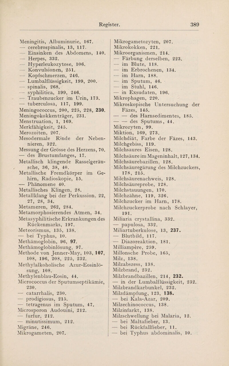 Meningitis, Albuminurie, 167. — cerebrospinalis, 13, 117. Einsinken des Abdomens, 140. — Herpes, 332. Hyperleukozytose, 106. — Konvulsionen, 251. — Kopfschmerzen, 246. — Lumbalflüssigkeit, 199, 200. — spinalis, 268. — syphilitica, 199, 246. — Traubenzucker im Urin, 173. — tuberculosa, 117, 199. Meningococcus, 200, 225, 228, 230. Meningokokken träger, 231. Menstruation, 1, 169. Merkfähigkeit, 245. Merozoiten, 207. Mesodermale Rinde der Neben¬ nieren, 322. Messung der Grösse des Herzens, 70. — des Brustumfanges, 17. Metallisch klingende Rasselgeräu¬ sche, 36, 38, 40. Metallische Fremdkörper im Ge¬ hirn, Radioskopie, 15. — Phänomene 40. Metallisches Klingen, 28. Metallklang bei der Perkussion, 22, 27, 28, 34. Metameren, 262, 284. Metamorphosierendes Atmen, 34. Metasyphilitische Erkrankungen des Rückenmarks, 197. Meteorismus, 135, 138. — bei Typhus, 10. Methämoglobin, 96, 97. Methämoglobinlösung, 97. Methode von Jenner-May, 103, 107, 108, 196, 208, 225, 232. Methylalkoholische Azur-Eosinlö¬ sung, 108. Methylenblau-Eosin, 44. Micrococcus der Sputumseptikämie, 230. -— catarrhalis, 230. — prodigiosus, 215. — tetragenus im Sputum, 47. Microsporon Audouini, 212. — furfur, 212. — minutissimum, 212. Migräne, 246. Mikrogameten, 207. Mikrogametozyten, 207. Mikrokokken, 221. Mikroorganismen, 214. — Färbung derselben, 223. — im Blute, 118. — im Erbrochenen, 134. — im Harn, 188. — im Sputum, 46. — im Stuhl, 146. — in Exsudaten, 196. Mikrophagen, 220. Mikroskopische Untersuchung der Fäzes, 145. -des Harnsedimentes, 185. — — des Sputums, 44. Mikrozyten, 99. Miktion, 169, 273. Milchdiät, Farbe der Fäzes, 143. Milchgebiss, 119. Milchsaures Eisen, 128. Milchsäure im Mageninhalt, 127,134. Milchsäurebazillen, 128. Milchsäuregärung des Milchzuckers, 178, 215. Milchsäurenachweis, 128. Milchsäureprobe, 128. Milchstauungen, 170. Milchzähne, 119, 326. Milchzucker im Harn, 178. Milchzuckerprobe nach Schlayer, 191. Miliaria crystallina, 332. — papulosa, 332. Miliartuberkulose, 13, 237. — Blutbild, 117. — Diazoreaktion, 181. Milliampere, 259. Millonsche Probe, 165, Milz, 138. Milzabszess, 138. Milzbrand, 232. Milzbrandbazillen, 214, 232. — in der Lumbalflüssigkeit, 232. Milzbrandkarbunkel, 232. Milzdämpfung, 123, 138. — bei Kala-Azar, 209. Milzechinococcus, 138. Milzinfarkt, 138. Milzschwellung bei Malaria, 12. — bei Maltafieber, 13. — bei Rückfallfieber, 11. —- bei Typhus abdominalis, 10.