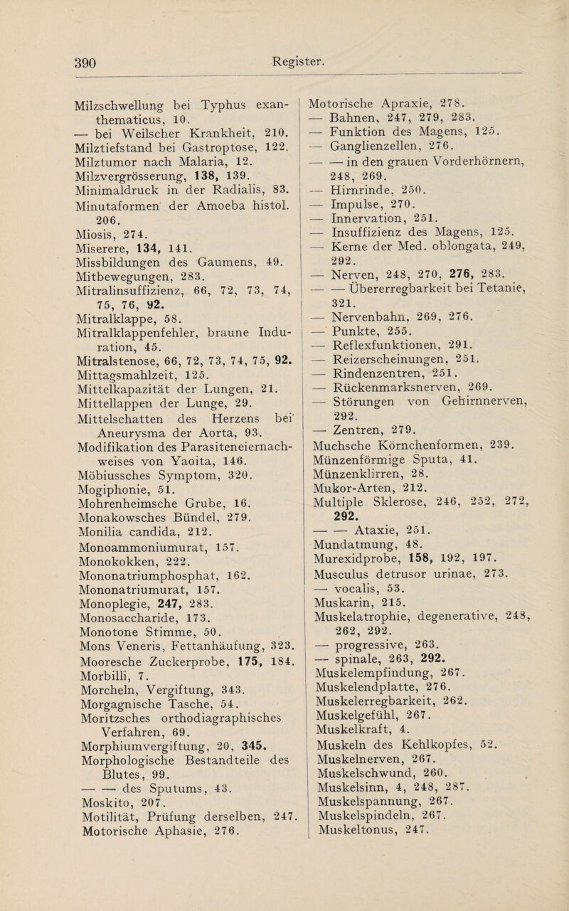 Milzschwellung bei Typhus exan- thematicus, 10. — bei Weilscher Krankheit, 210. Milztiefstand bei Gastroptose, 122. Milztumor nach Malaria, 12. Milzvergrösserung, 138, 139. Minimaldruck in der Radialis, 83. Minutaformen der Amoeba histol. 206. Miosis, 274. Miserere, 134, 141. Missbildungen des Gaumens, 49. Mitbewegungen, 283. Mitralinsuffizienz, 66, 72, 73, 74, 75, 76, 92. Mitralklappe, 58. Mitralklappenfehler, braune Indu¬ ration, 45. Mitralstenose, 66, 72, 73, 74, 75, 92. Mittagsmahlzeit, 125. Mittelkapazität der Lungen, 21. Mittellappen der Lunge, 29. Mittelschatten des Herzens bei' Aneurysma der Aorta, 93. Modifikation des Parasiteneiernach¬ weises von Yaoita, 146. Möbiussches Symptom, 320. Mogiphonie, 51. Mohrenheimsche Grube, 16. Monakowsches Bündel, 279. Monilia candida, 212. Monoammoniumurat, 157. Monokokken, 222. Mononatriumphosphat, 162. Mononatriumurat, 157. Monoplegie, 247, 283. Monosaccharide, 173. Monotone Stimme, 50. Mons Veneris, Fettanhäufung, 323. Mooresche Zuckerprobe, 175, 184. Morbilli, 7. Morcheln, Vergiftung, 343. Morgagnische Tasche, 54. Moritzsches orthodiagraphisches Verfahren, 69. Morphiumvergiftung, 20, 345. Morphologische Bestandteile des Blutes, 99. -des Sputums, 43. Moskito, 207. Motilität, Prüfung derselben, 247. Motorische Aphasie, 276. Motorische Apraxie, 278. —■ Bahnen, 247, 279, 283. —- Funktion des Magens, 125. — Ganglienzellen, 276. — — in den grauen Vorderhörnern, 248, 269. — Hirnrinde, 250. — Impulse, 270. — Innervation, 251. — Insuffizienz des Magens, 125. — Kerne der Med. oblongata, 249, 292. — Nerven, 248, 270, 276, 283. — — Übererregbarkeit bei Tetanie, 321. — Nervenbahn, 269, 276. j — Punkte, 255. — Reflexfunktionen, 291. — Reizerscheinungen, 251. — Rindenzentren, 251. —• Rückenmarksnerven, 269. — Störungen von Gehirnnerven, 292. — Zentren, 279. Muchsche Körnchenformen, 239. Münzenförmige Sputa, 41. Münzenklirren, 28. Mukor-Arten, 212. Multiple Sklerose, 246, 252, 272, 292. -Ataxie, 251. Mundatmung, 48. Murexidprobe, 158, 192, 197. Musculus detrusor urinae, 273. — vocalis, 53. Muskarin, 215. Muskelatrophie, degenerative, 248, 262, 292. — progressive, 263. — spinale, 263, 292. Muskelempfindung, 267. Muskelendplatte, 276. | Muskelerregbarkeit, 262. Muskelgefühl, 267. | Muskelkraft, 4. Muskeln des Kehlkopfes, 52. Muskelnerven, 267. Muskelschwund, 260. Muskelsinn, 4, 248, 287. Muskelspannung, 267. Muskelspindeln, 267. Muskeltonus, 247.