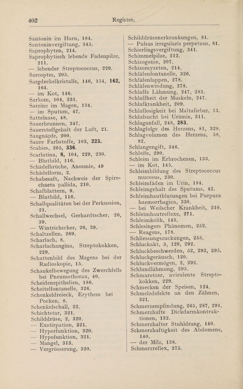 Santonin im Harn, 184. Santoninvergiftung, 345. Saprophyten, 214. Saprophytisch lebende Fadenpilze, 211. — lebender Streptococcus, 229. Sarcoptes, 205. Sargdeckelkristalle, 146, 154, 162, 164. — im Kot, 146. Sarkom, 104, 331. Sarzine im Magen, 134. — im Sputum, 47. Sattelnase, 48. Sauerbrunnen, 347. Sauerstoffgehalt der Luft, 21. Saugnäpfe, 200. Saure Farbstoffe, 103, 223. Scabies, 205, 336. Scarlatina, 8, 104, 229, 230. — Blutbild, 116. Schädelbrüche, Anosmie,. 49 Schädelform, 2. Schabesaft, Nachweis der Spiro- chaeta pallida, 210. Schafblattern, 9. — Blutbild, 116. Schallqualitäten bei der Perkussion, 21. Schallwechsel, Gerhardtscher, 26, 39. — Wintrichscher, 26, 39. Schaltzellen, 269. Scharlach, 8. Scharlachangina, Streptokokken, 229. Schattenbild des Magens bei der Radioskopie, 15. Schaukelbewegung des Zwerchfells bei Pneumothorax, 40. Scheidenepithelien, 186. Scheitelfontanelle, 326. Schenkeldreieck, Erythem bei Pocken, 8. Schenkelschall, 22. Schichtstar, 321. Schilddrüse, 2, 320. — Exstirpation, 321. — Hyperfunktion, 320. — Hypofunktion, 321. — Mangel, 313. — Vergrösserung, 320. Schilddrüsenerkrankungen, 81. — Pulsus irregularis perpetuus, 81. Schierlingsvergiftung, 341. Schimmelpilze, 212. Schizogonie, 207. Schizomyzeten, 214. Schläfenfontanelle, 326. Schläfenlappen, 278. Schläfenwindung, 278. Schlaffe Lähmung, 247, 283. Schlaffheit der Muskeln, 247. Schlafkrankheit, 209. Schlaflosigkeit bei Maltafieber, 13. Schlafsucht bei Urämie, 311. Schlaganfall, 248, 283. Schlagfolge des Herzens, 81, 320. Schlagvolumen des Herzens, 58, 82. Schlangengift, 346. Schleife, 290. Schleim im Erbrochenen, 133. — im Kot, 145. Schleimbildung des Streptococcus mucosus, 230. Schleimfäden im Urin, 184. Schleimgehalt des Sputums, 42. Schleimhautblutungen bei Purpura haemorrhagica, 330. — bei Weilscher Krankheit, 210. SchleimhautrefJexe, 271. Schleimkolik, 145. Schlesingers Phänomen, 252. — Reagens, 178. Schliessungszuckungen, 255. Schluckakt, 3, 120, 292. Schluckbeschwerden, 52, 292, 295. Schluckgeräusch, 120. Schluckvermögen, 2, 292. Schlundlähmung, 295. Schmarotzer, avirulente Strepto¬ kokken, 229. Schmecken der Speisen, 124. Schmelzdefekte an den Zähnen, 321. Schmerzempfindung, 265, 287, 291. Schmerzhafte Dickdarmkontrak¬ tionen, 132. Schmerzhafter Stuhldrang, 140. Schmerzhaftigkeit des Abdomens, 140. — der Milz, 138. Schmerzreflex, 275.