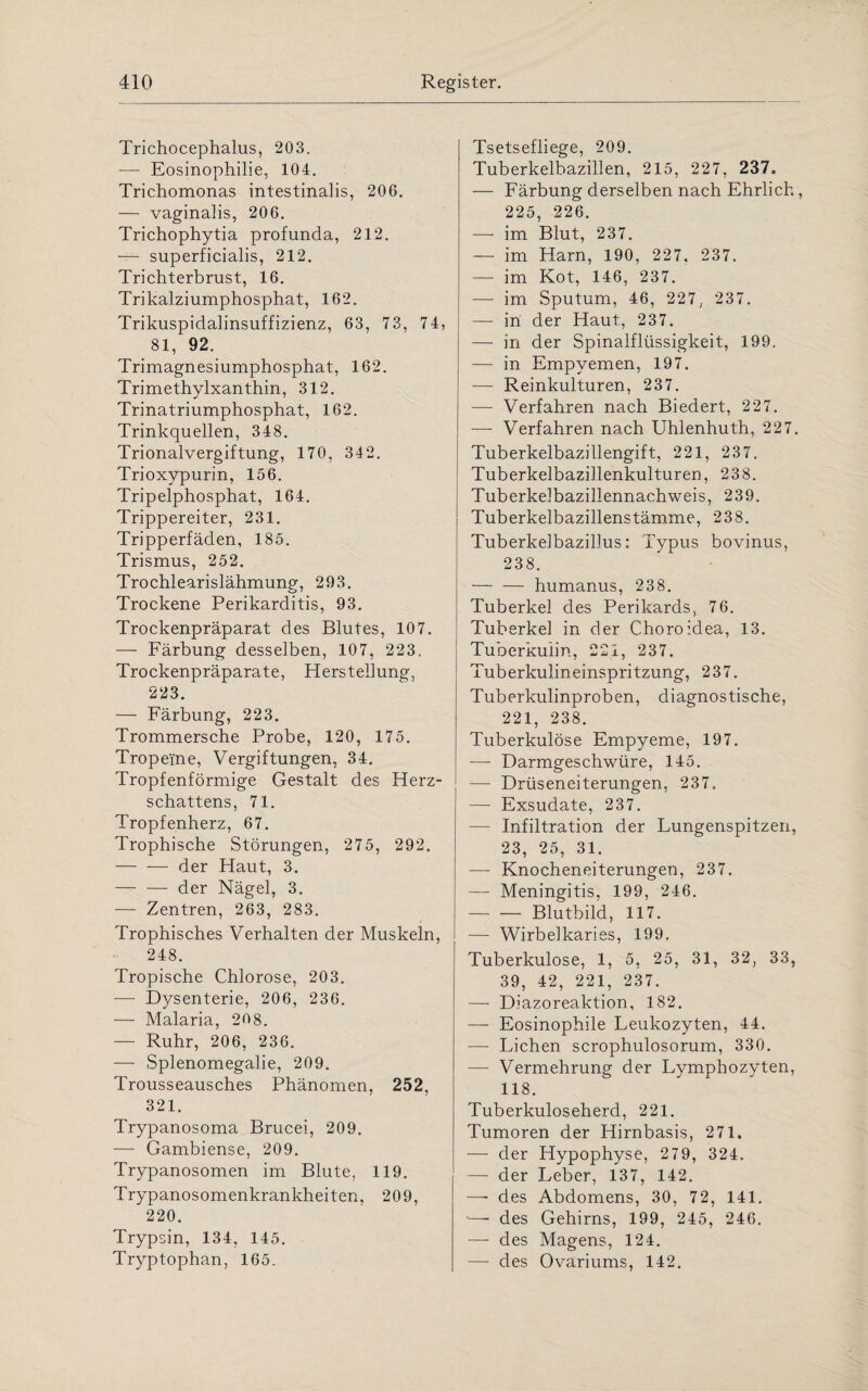 Trichocephalus, 203. ■— Eosinophilie, 104. Trichomonas intestinalis, 206. — vaginalis, 206. Trichophytia profunda, 212. — superficialis, 212. Trichterbrust, 16. Trikalziumphosphat, 162. Trikuspidalinsuffizienz, 63, 73, 74, 81, 92. Trimagnesiumphosphat, 162. Trimethylxanthin, 312. Trinatriumphosphat, 162. Trinkquellen, 348. Trionalvergiftung, 170, 342. Trioxypurin, 156. Tripelphosphat, 164. Trippereiter, 231. Tripperfäden, 185. Trismus, 252. Trochlearislähmunp-, 293. Trockene Perikarditis, 93. Trockenpräparat des Blutes, 107. — Färbung desselben, 107, 223. Trockenpräparate, Herstellung, 223. — Färbung, 223. Trommersche Probe, 120, 175. Tropeine, Vergiftungen, 34. Tropfenförmige Gestalt des Herz¬ schattens, 71. Tropfenherz, 67. Trophische Störungen, 275, 292. -der Haut, 3. — — der Nägel, 3. -— Zentren, 263, 283. Trophisches Verhalten der Muskeln, 248. Tropische Chlorose, 203. -—- Dysenterie, 206, 236. — Malaria, 20g. — Ruhr, 206, 236. — Splenomegalie, 209. Trousseausches Phänomen, 252, 321. Trypanosoma Brucei, 209. -— Gambiense, 209. Trypanosomen im Blute, 119. Trypanosomenkrankheiten, 209, 220. Trypsin, 134, 145. Tryptophan, 165. Tsetsefliege, 209. Tuberkelbazillen, 215, 227, 237. — Färbung derselben nach Ehrlich, 225, 226. — im Blut, 237. — im Harn, 190, 227. 237. — im Kot, 146, 237. —- im Sputum, 46, 227, 237. —- in der Haut, 237. — in der Spinalflüssigkeit, 199. — in Empyemen, 197. — Reinkulturen, 237. — Verfahren nach Biedert, 227. — Verfahren nach Uhlenhuth, 227. Tuberkelbazillengift, 221, 237. Tuberkelbazillenkulturen, 238. Tuberkelbazillennachweis, 239. Tuberkelbazillenstämme, 238. Tuberkelbazillus: Typus bovinus, 238. -humanus, 238. Tuberkel des Perikards, 76. Tuberkel in der Choroidea, 13. Tuberkulin, 221, 237. Tuberkulineinspritzung, 237. Tuberkulinproben, diagnostische, 221, 238. Tuberkulöse Empyeme, 197. — Darmgeschwüre, 145. — Drüseneiterungen, 237, — Exsudate, 237. — Infiltration der Lungenspitzen, 23, 25, 31. — Knocheneiterungen, 237. — Meningitis, 199, 246. — — Blutbild, 117. — Wirbelkaries, 199. Tuberkulose, 1, 5, 25, 31, 32, 33, 39, 42, 221, 237. —- Diazoreaktion, 182. — Eosinophile Leukozyten, 44. — Lichen, scrophulosorum, 330. — Vermehrung der Lymphozyten, 118. Tuberkuloseherd, 221. Tumoren der Hirnbasis, 271. — der Hypophyse, 2 79, 324. — der Leber, 137, 142. —• des Abdomens, 30, 72, 141. •—- des Gehirns, 199, 245, 246. — des Magens, 124. — des Ovariums, 142.