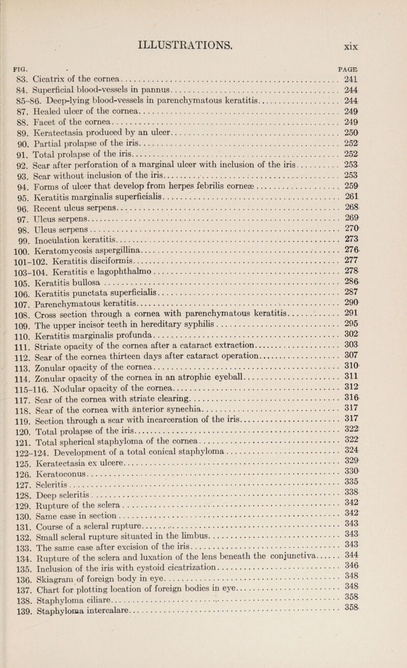 FIG. . PAGE 83. Cicatrix of the cornea... 241 84. Superficial blood-vessels in pannus. 244 85-86. Deep-lying blood-vessels in parenchymatous keratitis. 244 87. Healed ulcer of the cornea. 249 88. Facet of the cornea. 249 89. Keratectasia produced by an ulcer. 250 90. Partial prolapse of the iris.... 252 91. Total prolapse of the iris. 252 92. Scar after perforation of a marginal ulcer with inclusion of the iris. 253 93. Scar without inclusion of the iris. 253 94. Forms of ulcer that develop from herpes febrilis cornese. 259 95. Keratitis marginalis superficialis. 261 96. Recent ulcus serpens. 268 97. TJlcus serpens. 269 98. Ulcus serpens. 270 99. Inoculation keratitis. 273 100. Keratomycosis aspergillina. 276 101-102. Keratitis disciformis. 277 103-104. Keratitis e lagophthalmo. 278 105. Keratitis bullosa. 286 106. Keratitis punctata superficialis. 287 107. Parenchymatous keratitis. 290 108. Cross section through a cornea with parenchymatous keratitis. 291 109. The upper incisor teeth in hereditary syphilis. 295 110. Keratitis marginalis profunda. 302 111. Striate opacity of the cornea after a cataract extraction. 303 112. Scar of the cornea thirteen days after cataract operation. 307 113. Zonular opacity of the cornea. 310 114. Zonular opacity of the cornea in an atrophic eyeball. 311 115-116. Nodular opacity of the cornea. 312 117. Scar of the cornea with striate clearing. 316 118. Scar of the cornea with anterior synechia. 317 119. Section through a scar with incarceration of the iris. 317 120. Total prolapse of the iris. 322 121. Total spherical staphyloma of the cornea. 322 122-124. Development of a total conical staphyloma. 324 125. Keratectasia ex ulcere. 329 126. Keratoconus. 330 127. Scleritis. 335 128. Deep scleritis. 333 129. Rupture of the sclera. 342 130. Same case in section. 342 131. Course of a scleral rupture... 343 132. Small scleral rupture situated in the limbus. 343 133. The same case after excision of the iris.; •• • •. 343 134. Rupture of the sclera and luxation of the lens beneath the conjunctiva. 344 135. Inclusion of the iris with cystoid cicatrization. 346 136. Skiagram of foreign body in eye. 348 137. Chart for plotting location of foreign bodies in eye. 348 138. Staphyloma ciliare. 358 139. Staphyloma intercalare. 358