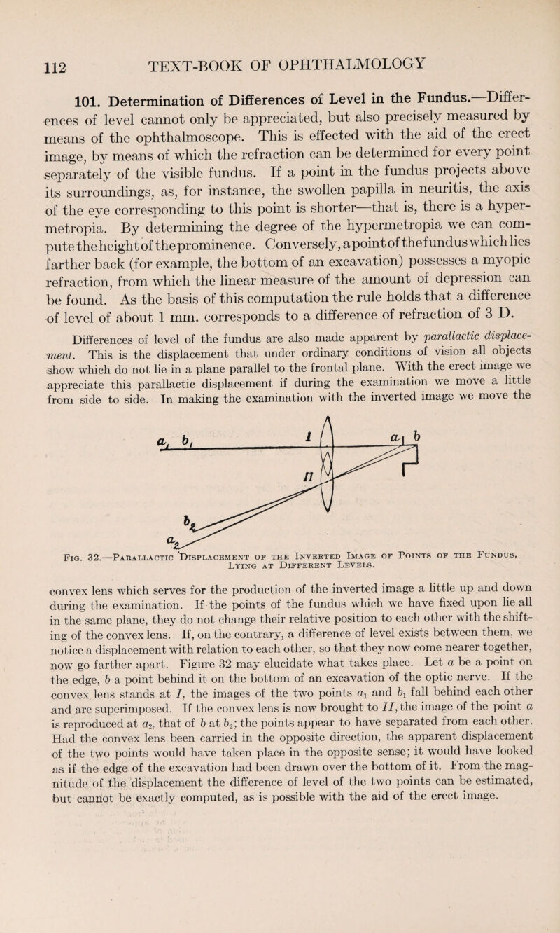 101. Determination of Differences of Level in the Fundus. Differ¬ ences of level cannot only be appreciated, but also precisely measured by means of the ophthalmoscope. This is effected with the aid of the erect image, by means of which the refraction can be determined for every point separately of the visible fundus. If a point in the fundus projects above its surroundings, as, for instance, the swollen papilla in neuritis, the axis of the eye corresponding to this point is shorter- that is, there is a hyper- metropia. By determining the degree of the hypermetropia we can com¬ pute the height of the prominence. Conversely, a point of the fundus which lies farther back (for example, the bottom of an excavation) possesses a myopic refraction, from which the linear measure of the amount of depression can be found. As the basis of this computation the rule holds that a difference of level of about 1 mm. corresponds to a difference of refraction of 3 D. Differences of level of the fundus are also made apparent by parallactic displace¬ ment. This is the displacement that under ordinary conditions of vision all objects show which do not lie in a plane parallel to the frontal plane. With the erect image we appreciate this parallactic displacement if during the examination we move a little from side to side. In making the examination with the inverted image we mo\e the Fig. 32.—Parallactic 'Displacement of the Inverted Image of Points of the Fundus, Lying at Different Levels. convex lens which serves for the production of the inverted image a little up and down during the examination. If the points of the fundus which we have fixed upon lie all in the same plane, they do not change their relative position to each other with the shift¬ ing of the convex lens. If, on the contrary, a difference of level exists between them, we notice a displacement with relation to each other, so that they now come nearer together, now go farther apart. Figure 32 may elucidate what takes place. Let a be a point on the edge, b a point behind it on the bottom of an excavation of the optic nerve. If the convex lens stands at I. the images of the two points a1 and bx fall behind each other and are superimposed. If the convex lens is now brought to II, the image of the point a is reproduced at a2: that of b at b2', the points appear to have separated from each other. Had the convex lens been carried in the opposite direction, the apparent displacement of the two points would have taken place in the opposite sense; it would have looked as if the edge of the excavation had been drawn over the bottom of it. Irom the mag¬ nitude of the displacement the difference of level of the two points can be estimated, but cannot be exactly computed, as is possible with the aid of the erect image.