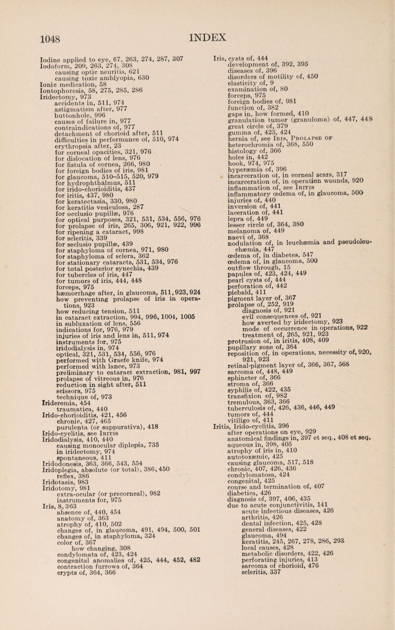 Iodine applied to eye, 67, 263, 274, 287, 307 Iodoform, 209, 263, 274,_308 causing optic neuritis, 621 causing toxic amblyopia, 630 Ionic medication, 58 Iontophoresis, 58, 275, 285, 286 Iridectomy, 973 accidents in, 511, 974 astigmatism after, 977 buttonhole, 996 causes of failure in, 977 contraindications of, 977 detachment of chorioid after, 511 difficulties in performance of, 510, 974 erythropsia after, 23 for corneal opacities, 321, 976 for dislocation of lens, 976 for fistula of cornea, 266, 980 for foreign bodies of iris, 981 for glaucoma, 510-515, 520, 979 for hydrophthalmus, 511 for irido-chorioiditis, 437 for iritis, 437, 980 for keratectasia, 330, 980 for keratitis vesiculosa, 287 for occlusio pupillse, 976 for optical purposes, 321, 531, 534, 556, 976 for prolapse of iris, 265, 306, 921, 922, 996 for ripening a cataract, 998 for scleritis, 339 for seclusio pupillse, 439 for staphyloma of cornea, 971, 980 for staphyloma of sclera, 362 for stationary cataracts, 531, 534, 976 for total posterior synechia, 439 for tubercles of iris, 447 for tumors of iris, 444, 448 forceps, 975 haemorrhage after, in glaucoma, 511,923,924 how preventing prolapse of iris in opera¬ tions, 923 how reducing tension, 511 in cataract extraction, 994, 996, 1004, 1005 in subluxation of lens, 556 indications for, 976, 979 injuries of iris and lens in, 511, 974 instruments for, 975 iridodialysis in, 974 optical, 321, 531, 534, 556, 976^ performed wdth Graefe knife, 974 performed with lance, 973 preliminary to cataract extraction, 981, 997 prolapse of vitreous in, 976 reduction in sight after, 511 scissors, 975 technique of, 973 Irideremia, 454 traumatica, 440 Irido-chorioiditis, 421, 456 chronic, 427, 465 purulenta (or suppurativa), 418 Irido-cyclitis, see Iritis Iridodialysis, 410, 440 causing monocular diplopia, 735 in iridectomy, 974 spontaneous, 411 Iridodonesis, 363, 366, 543, 554 Iridoplegia, absolute (or total), 386,450 reflex, 386 Iridotasis, 983 Iridotomy, 981 extra-ocular (or precorneal), 982 instruments for, 975 Iris, 8, 363 absence of, 440, 454 anatomy of, 363 atrophy of, 410, 502 changes of, in glaucoma, 491, 494, 500, 501 changes of, in staphyloma, 324 color of, 367 how changing, 308 condylomata of, 423, 424 congenital anomalies of, 425, 444, 452, 482 contraction furrows of, 364 crypts of, 364, 366 Iris, cysts of, 444 development of, 392, 395 diseases of, 396 disorders of motility of, 450 elasticity of, 9 examination of, 80 forceps, 975 foreign bodies of, 981 function of, 382 gaps in, how formed, 410 granulation tumor (granuloma) of, 447, 448 great circle of, 379 gumma of, 423, 424 hernia of, see Iris, Prolapse of heterochromia of, 368, 550 histology of, 366 holes in, 442 hook, 974, 975 hypersemia of, 396 incarceration of, in corneal scars, 317 incarceration of, in operation wounds, 920 inflammation of, see Iritis inflammatory oedema of, in glaucoma, 500 injuries of, 440 inversion of, 441 laceration of, 441 lepra of, 449 lesser circle of, 364, 380 melanoma of, 449 naevi of, 368 nodulation of, in leuchsemia and pseudoieu- chsemia, 447 oedema of, in diabetes, 547 oedema of, in glaucoma, 500 outflow through, 15 papules of, 423, 424, 449 pearl cysts of, 444 perforation of, 442 piebald, 411 pigment layer of, 367 prolapse of, 252, 919 diagnosis of, 921 evil consequences of, 921 how averted by iridectomy, 923 mode of occurrence in operations, 922 treatment of? 265, 921, 923 protrusion of, in iritis, 408, 409 pupillary zone, of, 364 . . reposition of, in operations, necessity of, 920, 921, 923 retinal-pigment layer of, 366, 367, 568 sarcoma of, 448, 449 sphincter of, 366 stroma of, 366 syphilis of, 422, 435 transfixion of, 982 tremulous, 363, 366 tuberculosis of, 426, 436, 446, 449 tumors of, 444 vitiligo of, 411 Iritis, Irido-cyclitis, 396 after operations on eye, 929 anatomical findings in, 397 et seq., 408 et seq, aqueous in, 398, 405 atrophy of iris in, 410 autotoxsemic, 425 causing glaucoma, 517, 518 chronic, 407, 426, 436 condylomatosa, 424 congenital, 425 course and termination of, 407 diabetica, 426 diagnosis of, 397, 406, 435 due to acute conjunctivitis, 141 acute infectious diseases, 426 arthritis, 426 dental infection, 425, 428 general diseases, 422 glaucoma, 494 keratitis, 245, 267, 278, 286, 293 local causes, 428 metabolic disorders, 422, 426 perforating injuries, 413 sarcoma of chorioid, 476 scleritis, 337