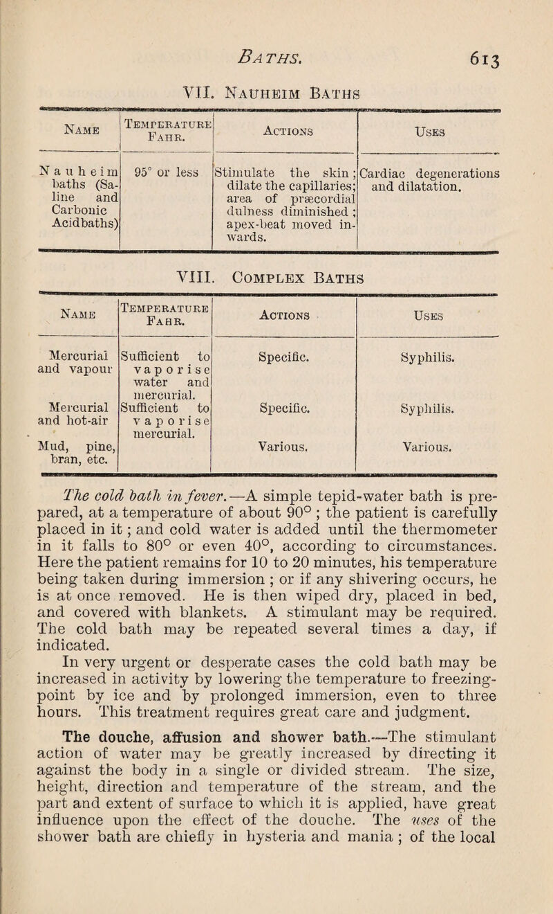 VII. Nauheim Baths Name Temperature Fahr. Actions Uses Nauheim baths (Sa¬ line and Carbonic Acidbaths) 95° or less Stimulate the skin; dilate the capillaries; area of prsecordial dulness diminished ; apex-beat moved in¬ wards. Cardiac degenerations and dilatation. VIII. Complex Baths Name Temperature Fahr. Actions Uses Mercurial and vapour Sufficient to vaporise water and mercurial. Specific. Syphilis. Mercurial and hot-air Sufficient to vaporise mercurial. Specific. Syphilis. Mud, pine, bran, etc. Various. Various. The cold hath in fever.—A simple tepid-water bath is pre¬ pared, at a temperature of about 90° ; the patient is carefully placed in it; and cold water is added until the thermometer in it falls to 80° or even 40°, according to circumstances. Here the patient remains for 10 to 20 minutes, his temperature being taken during immersion ; or if any shivering occurs, he is at once removed. He is then wiped dry, placed in bed, and covered with blankets. A stimulant may be required. The cold bath may be repeated several times a day, if indicated. In very urgent or desperate cases the cold bath may be increased in activity by lowering the temperature to freezing- point by ice and by prolonged immersion, even to three hours. This treatment requires great care and judgment. The douche, affusion and shower bath.—The stimulant action of water may be greatly increased by directing it against the body in a single or divided stream. The size, height, direction and temperature of the stream, and the part and extent of surface to which it is applied, have great influence upon the effect of the douche. The uses of the shower bath are chiefly in hysteria and mania ; of the local