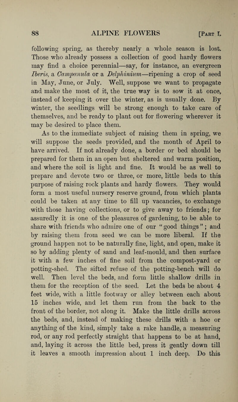 following spring, as thereby nearly a whole season is lost. Those who already possess a collection of good hardy flowers may find a choice perennial—say, for instance, an evergreen Iberis, a Campanula or a Delphinium—ripening a crop of seed in May, June, or July. Well, suppose we want to propagate and make the most of it, the true way is to sow it at once, instead of keeping it over the winter, as is usually done. By winter, the seedlings will be strong enough to take care of themselves, and be ready to plant out for flowering wherever it may be desired to place them. As to the immediate subject of raising them in spring, we will suppose the seeds provided, and the month of April to have arrived. If not already done, a border or bed should be prepared for them in an open but sheltered and warm position, and where the soil is light and fine. It would be as well to prepare and devote two or three, or more, little beds to this purpose of raising rock plants and hardy flowers. They would form a most useful nursery reserve ground, from which plants could be taken at any time to fill up vacancies, to exchange with those having collections, or to give away to friends; for assuredly it is one of the pleasures of gardening, to be able to share with friends who admire one of our “ good things ” ; and by raising them from seed we can be more liberal. If the ground happen not to be naturally fine, light, and open, make it so by adding plenty of sand and leaf-mould, and then surface it with a few inches of fine soil from the compost-yard or potting-shed. The sifted refuse of the potting-bench will do well. Then level the beds, and form little shallow drills in them for the reception of the seed. Let the beds be about 4 feet wide, with a little footway or alley between each about 15 inches wide, and let them run from the back to the front of the border, not along it. Make the little drills across the beds, and, instead of making these drills with a hoe or anything of the kind, simply take a rake handle, a measuring rod, or any rod perfectly straight that happens to be at hand, and, laying it across the little bed, press it gently down till it leaves a smooth impression about 1 inch deep. Do this