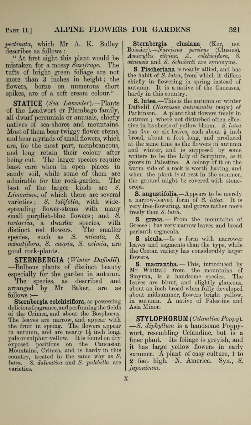 pectinata, which Mr A. K. Bulley describes as follows : “ At first sight this plant would be mistaken for a mossy Saxifrage. The tufts of bright green foliage are not more than 3 inches in height; the flowers, borne on numerous short spikes, are of a soft cream colour.” STATICE (Sea Lavender).—Plants of the Leadwort or Plumbago family, all dwarf perennials or annuals, chiefly natives of sea-shores and mountains. Most of them hear twiggy flower-stems, and bear myriads of small flowers, which are, for the most part, membraneous, and long retain their colour after being cut. The larger species require least care when in open places in sandy soil, while some of them are admirable for the rock-garden. The best of the larger kinds are S. Limonium, of which there are several varieties; S. latifolia, with wide- spreading flower-stems with many small purplish-blue flowers; and S. tartarica, a dwarfer species, with distinct red flowers. The smaller species, such as S. minuta, S. minutiflora, S. caspia, S. eximia, are good rock-plants. STERNBERGIA (Winter Daffodil). —Bulbous plants of distinct beauty especially for the garden in autumn. The- species, as described and arranged by Mr Baker, are as follows :— Sternbergia colchiciflora, as possessing delicious fragrance, and perfuming the fields of the Crimea, and about the Bosphorus. The leaves are narrow, and appear with the fruit in spring. The flowers appear in autumn, and are nearly H inch long, pale or sulphur-yellow. It is found on dry exposed positions on the Caucasian Mountains, Crimea, and is hardy in this country, treated in the same way as S. lutea. S. dcdmatica and S. pulcliella are varieties. Sternbergia clusiana (Ker, not Boissier).—Narcissus persicus (Clusius), Amaryllis citrina, A. colchiciflora, S. cetnensis and S. Schuberti are synonyms. S. Fischeriana is nearly allied, and has the habit of S. lutea, from which it differs chiefly in flowering in spring instead of autumn. It is a native of the Caucasus, hardy in this country. S. lutea.—This is the autumn or winter Daffodil (Narcissus autumnalis major) of Parkinson. A plant that flowers freely in autumn ; where not disturbed often effec¬ tive in its sheets of yellow bloom. S. lutea has five or six leaves, each about \ inch broad, about a foot long, and produced at the same time as the flowers in autumn and winter, and is supposed by some writers to be the Lily of Scripture, as it grows in Palestine. A colony of it on the warm side of a rock is worth having, and when the plant is at rest in the summer, the ground might be covered with stone- crops. S. angustifolia.—Appears to be merely a narrow-leaved form of S. lutea. It is very free-flowering, and grows rather more freely than S. lutea. S. grseca. — From the mountains of Greece ; has very narrow leaves and broad perianth segments. S. sicula.—Is a form with narrower leaves and segments than the type, while the Cretan variety has considerably larger flowers. S. macrantha. — This, introduced by Mr Whittall from the mountains of Smyrna, is a handsome species. The leaves are blunt, and slightly glaucous, about an inch broad when fully developed about midsummer, flowers bright yellow, in autumn. A native of Palestine and Asia Minor. STYLOPHORUM (Celandine Poppy). —S. diphyllum is a handsome Poppy- wort, resembling Celandine, but is a finer plant. Its foliage is greyish, and it has large yellow flowers in early summer. A plant of easy culture, 1 to 2 feet high. N. America. Syn., S. japonieum. X