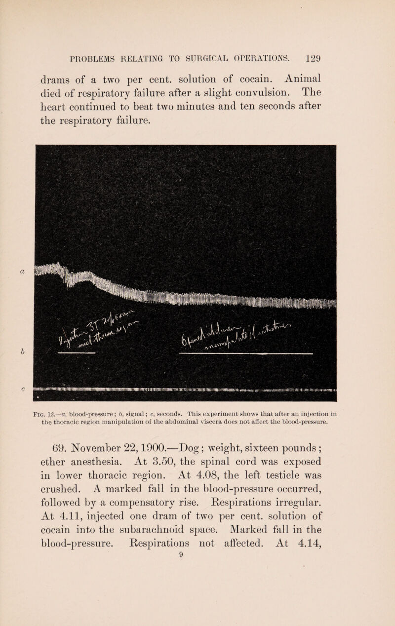 drams of a two per cent, solution of cocain. Animal died of respiratory failure after a slight convulsion. The heart continued to beat two minutes and ten seconds after the respiratory failure. Fig. 12.—a, blood-pressure; b, signal; c, seconds. This experiment shows that after an injection in the thoracic region manipulation of the abdominal viscera does not affect the blood-pressure. 69. November 22,1900.—Dog; weight, sixteen pounds; ether anesthesia. At 3.50, the spinal cord was exposed in lower thoracic region. At 4.08, the left testicle was crushed. A marked fall in the blood-pressure occurred, followed by a compensatory rise. Respirations irregular. At 4.11, injected one dram of two per cent, solution of cocain into the subarachnoid space. Marked fall in the blood-pressure. Respirations not affected. At 4.14, 9