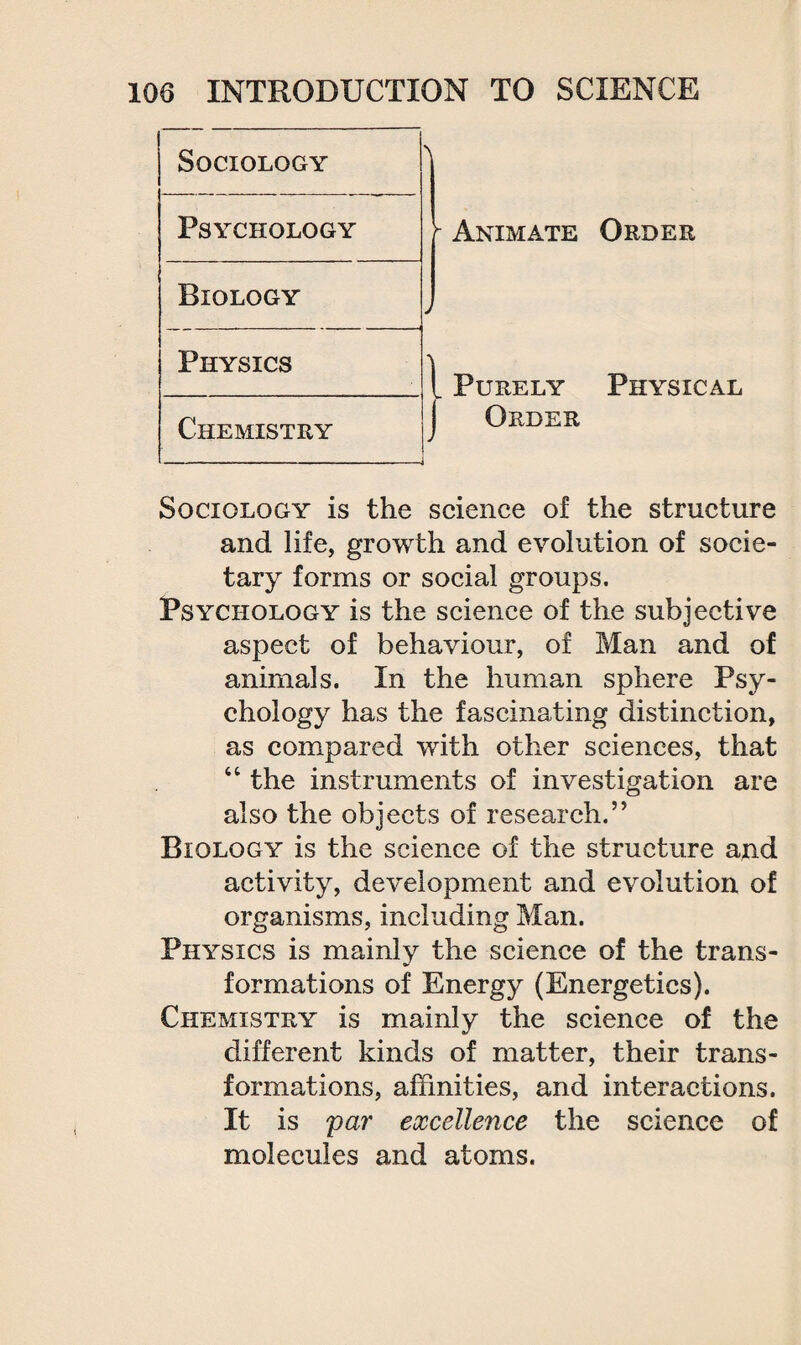 r Animate Order j L Purely Physical I Order Sociology is the science of the structure and life, growth and evolution of socie- tary forms or social groups. Psychology is the science of the subjective aspect of behaviour, of Man and of animals. In the human sphere Psy¬ chology has the fascinating distinction, as compared with other sciences, that 44 the instruments of investigation are also the objects of research.” Biology is the science of the structure and activity, development and evolution of organisms, including Man. Physics is mainly the science of the trans¬ formations of Energy (Energetics). Chemistry is mainly the science of the different kinds of matter, their trans¬ formations, affinities, and interactions. It is par excellence the science of molecules and atoms. Sociology Psychology Biology Physics Chemistry