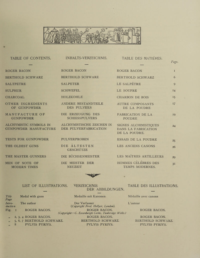 TABLE OF CONTENTS. INHALTS-VERZEICHNIS. TABLE DES MATIERES. Page ROGER BACON ROGER BACON ROGER BACON I BERTHOLD SCHWARZ BERTHOLD SCHWARZ BERTHOLD SCHWARZ 6 SALTPETRE SALPETER LE SALPETRE 9 SULPHUR SCHWEFEL LE SOUFRE 14 CHARCOAL HOLZKOHLE CHARBON DE BOIS 15 OTHER INGREDIENTS OF GUNPOWDER ANDERE BESTANDTEILE DES PULVERS AUTRE COMPOSANTS DE LA POUDRE 17 MANUFACTURE OF GUNPOWDER DIE ERZEUGUNG DES SCHIESSPULVERS FABRICATION DE LA POUDRE 19 ALCHYMISTIC SYMBOLS IN GUNPOWDER MANUFACTURE ALCHYMISTISCHE ZEICHEN IN DER PULVERFABRICATION SIGNES ALCHIMISTIQUES DANS LA FABRICATION DE LA POUDRE. 24 TESTS FOR GUNPOWDER PULVERPROBEN ESSAIS DE LA POUDRE 25 THE OLDEST GUNS DIE ALTESTEN GESCHUTZE LES ANCIENS CANONS 26 THE MASTER GUNNERS DIE BUCHSENMEISTER LES MAITRES ARTILLEURS 29 MEN OF NOTE OF MODERN TIMES DIE MEISTER DER NEUZEIT HOMMES CELEBRES DES TEMPS MODERNES. 3i LIST OF ILLUSTRATIONS. VERZEICHNIS TABLE DES ILLUSTRATIONS. DER ABBILDUNGEN. — Title Medal with guns Medaille mit Kanonen Medaille avec canons Page Intro- The author Der Verfasser L’auteur ductio n (Copyright Fred. Hollyer, London). Fig. I ROGER BACON. ROGER BACON. ROGER BACON. (Copyright—C. Essenheigh Corke, Tunbridge Wells.) ft 2, 3, 4 ROGER BACON. ROGER BACON. ROGER BACON. ft 5, 6, 7 BERTHOLD SCHWARZ. BERTHOLD SCHWARZ. BERTHOLD SCHWARZ. ft